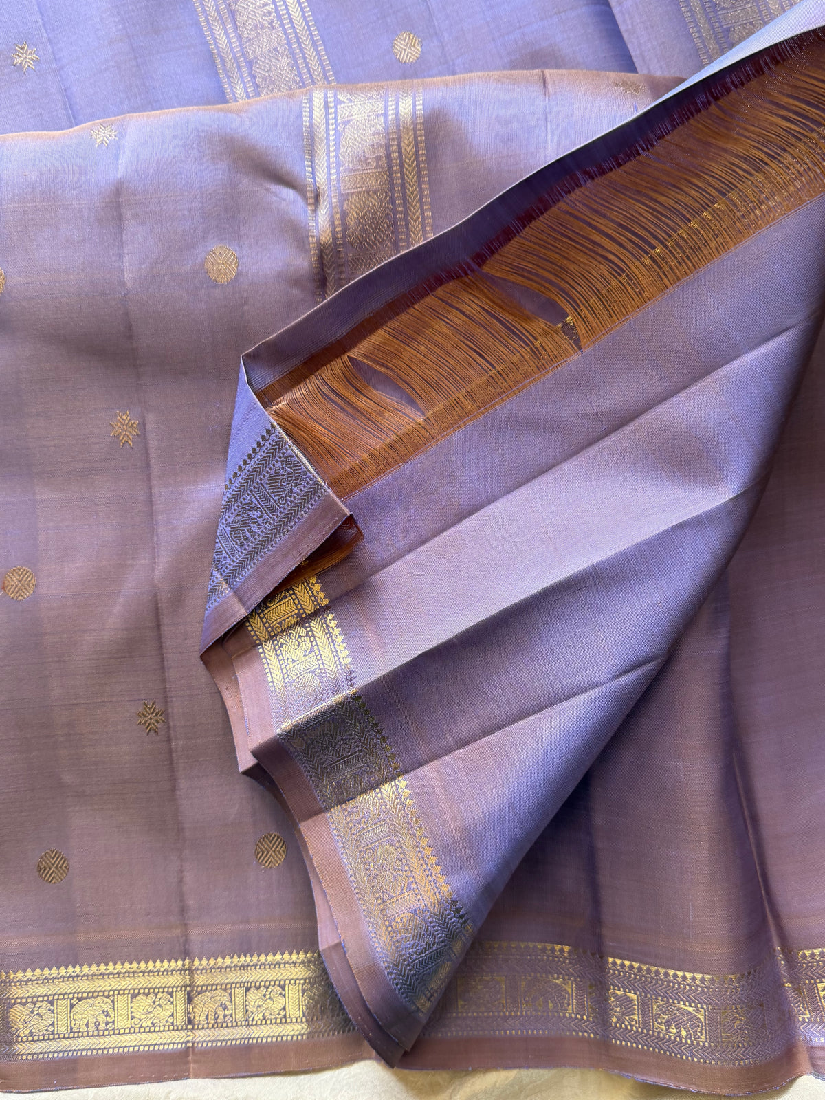 Pastel mauve color pure Zari pencil border Kanjipuram