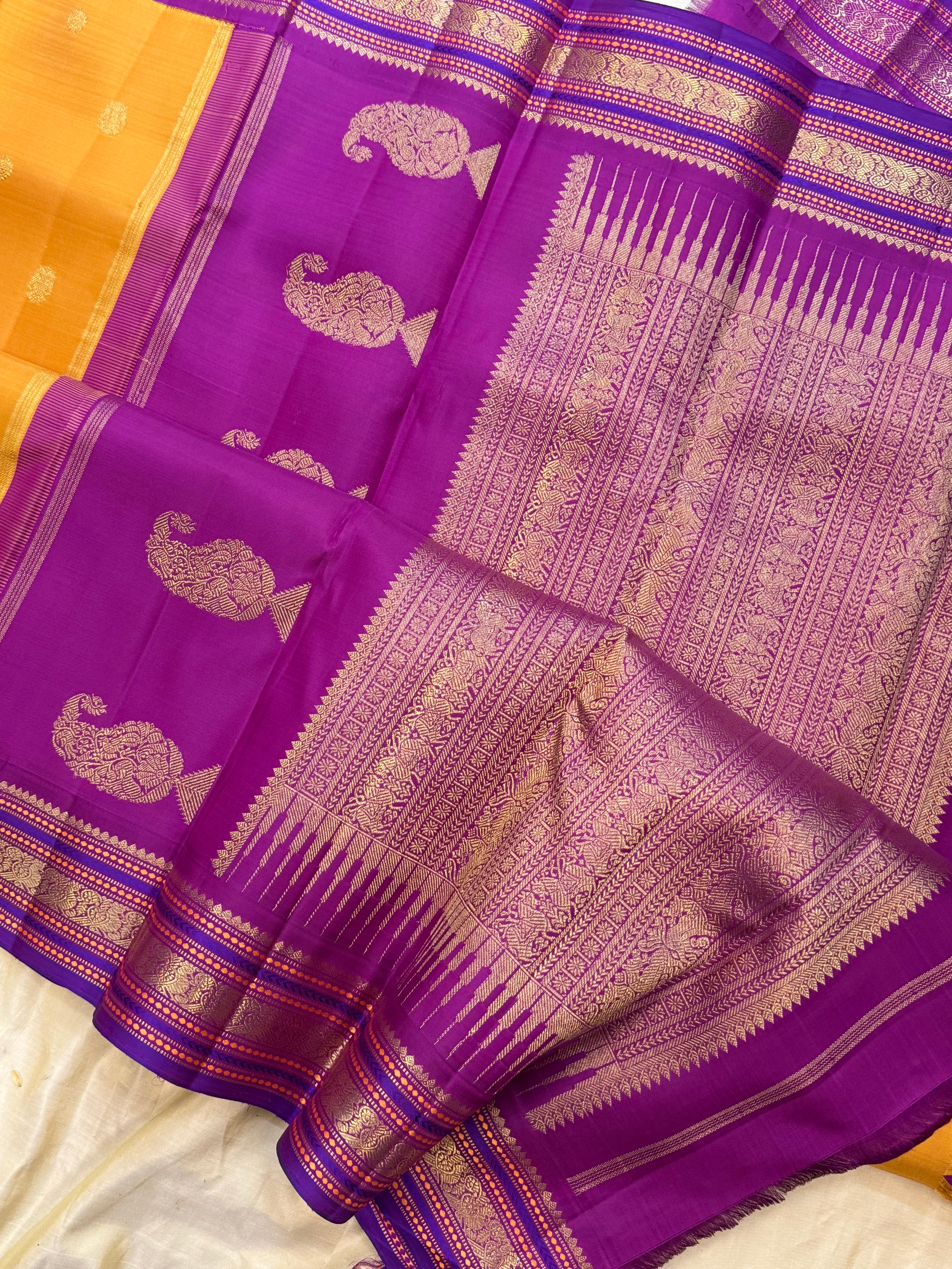 Mustard yellow and purple kai korvai/ Kanjipuram silk