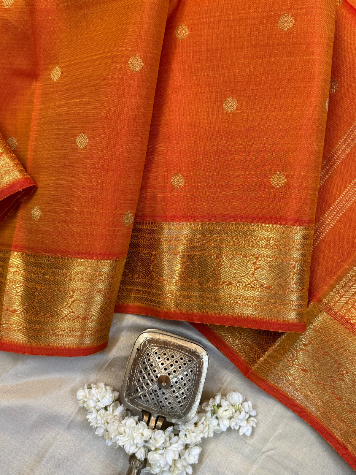 Navarathri - Day 5 Orange Colour pure Zari butta getti border /Kanjipuram silk sree Clsa 10590