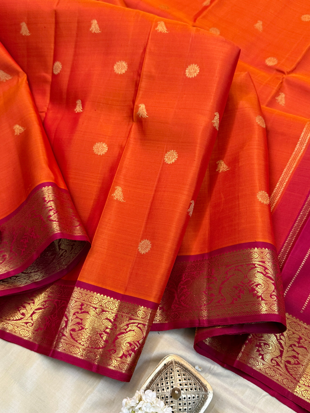 Navarathri - Day 5 Orange Colour pure Zari butta / Kanjipuram silk sree Clsa10160