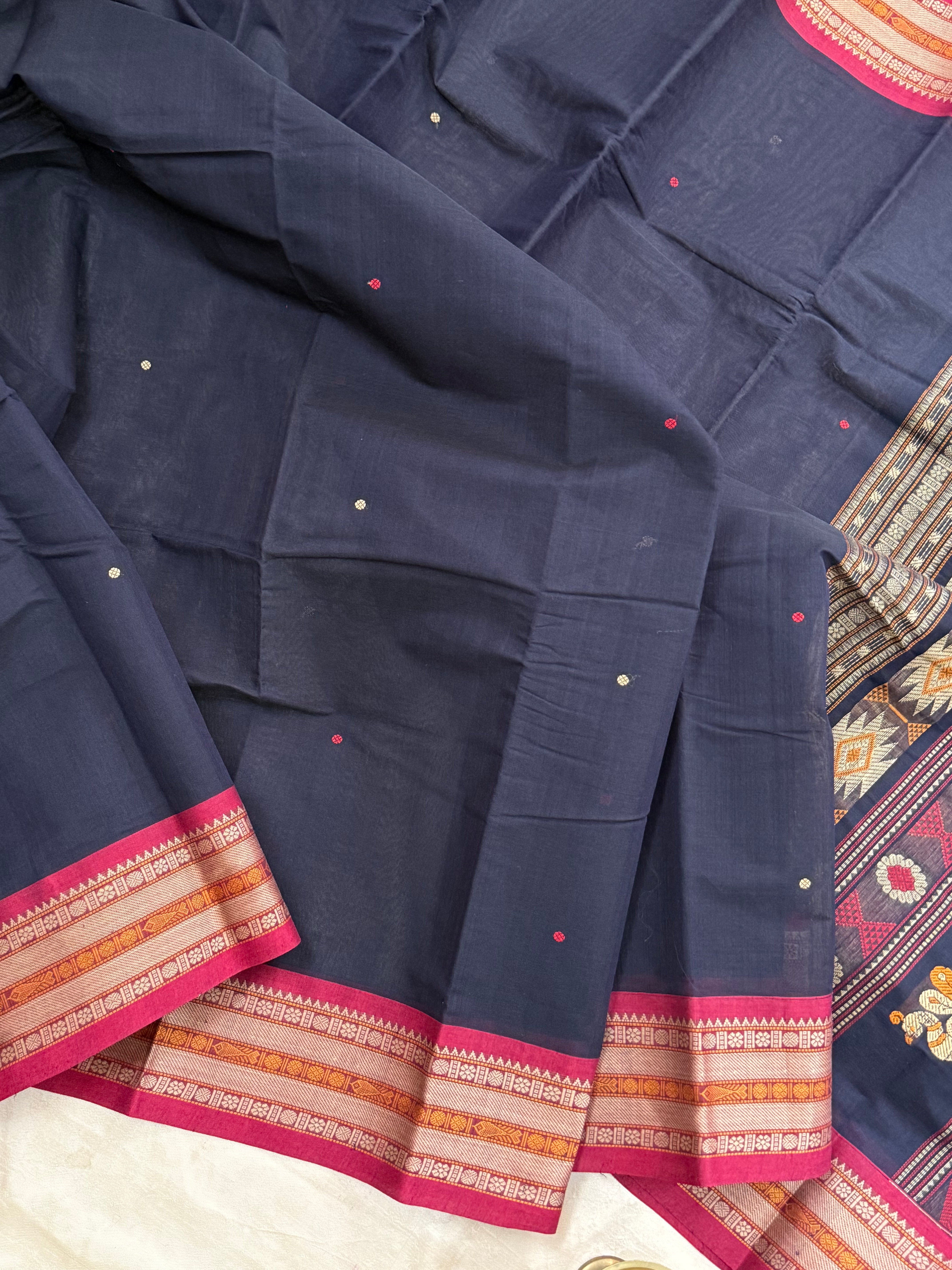 Deep blue and red unique pallu/ Kanchi Cotton