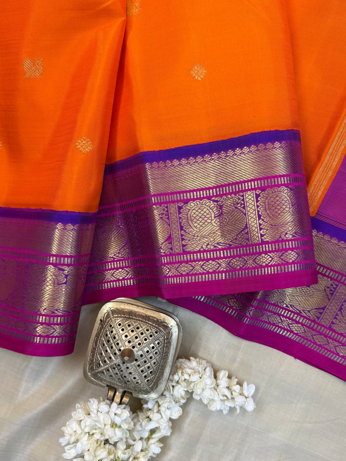 Navarathri - Day 5 Orange Colour pure Zari butta Korvai /Kanjipuram silk sree Clsa 7737