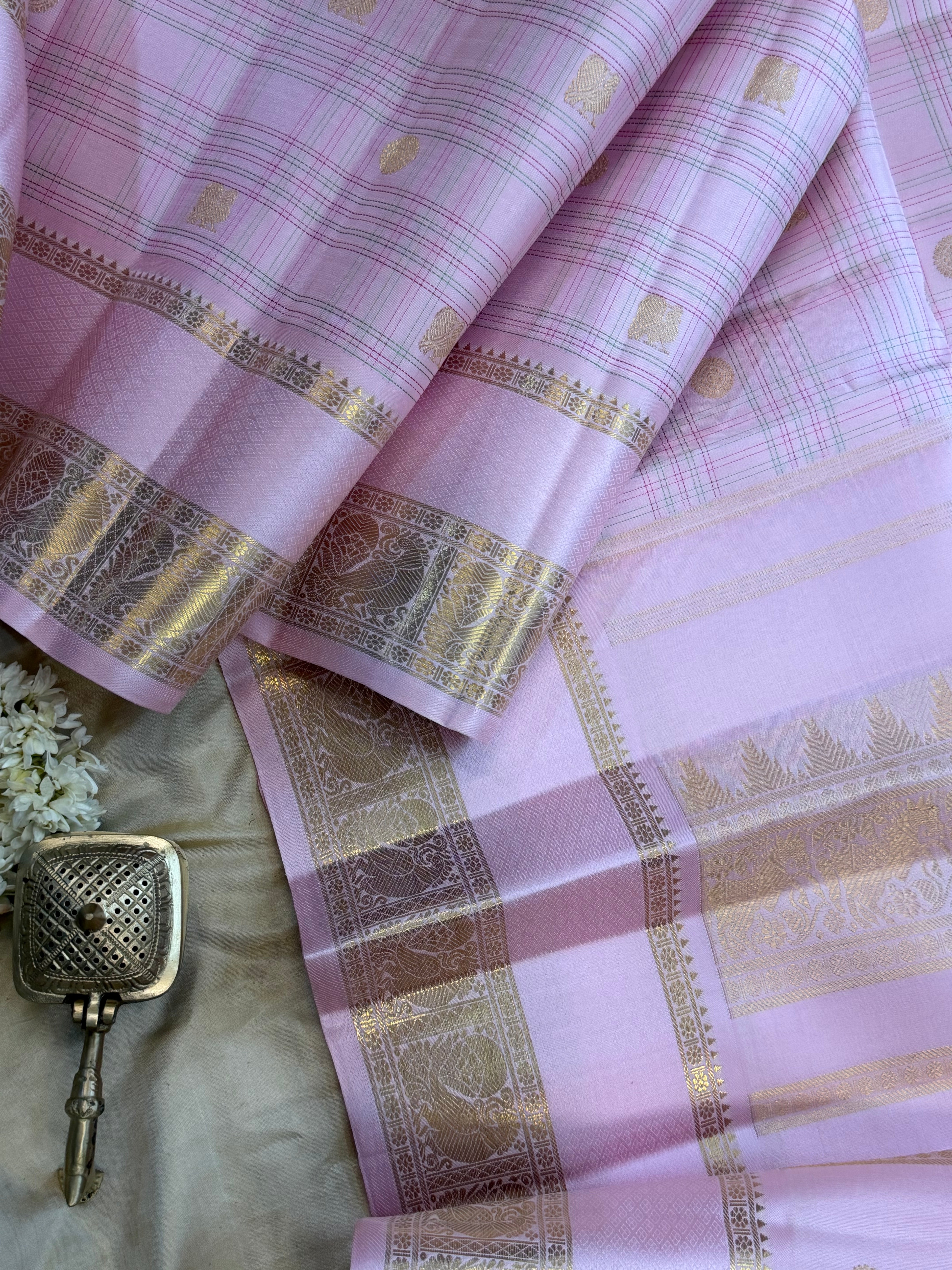 Baby pink thread Kattam retta pet pure Kanjipuram silk CL10144