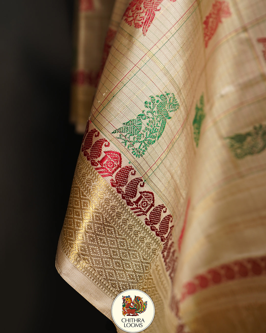 Alankar / vintage recreated golden off white Kattam Butta saree kanjipuram silk