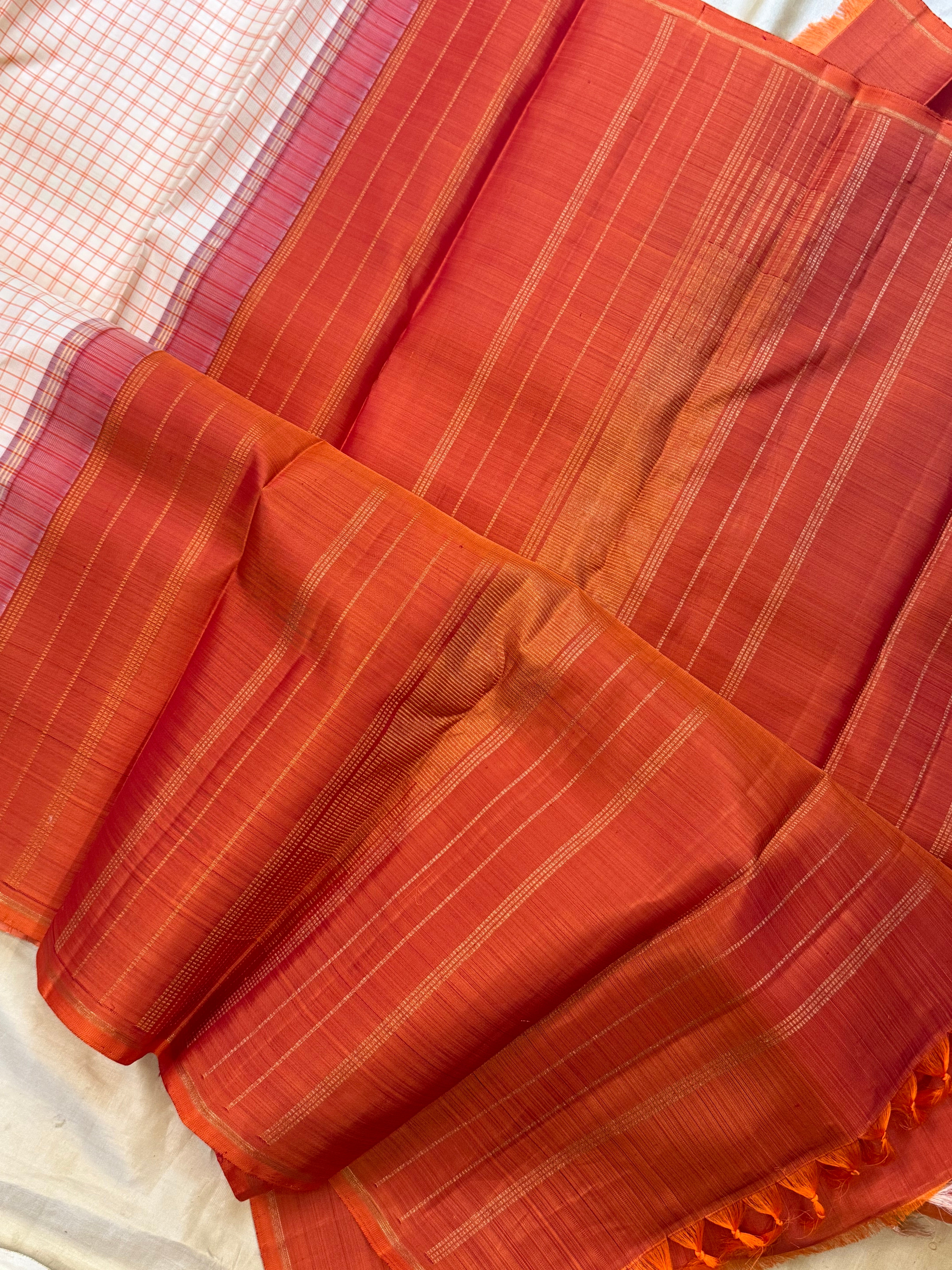 Offwhite and orange checks / Kanjipuram silk