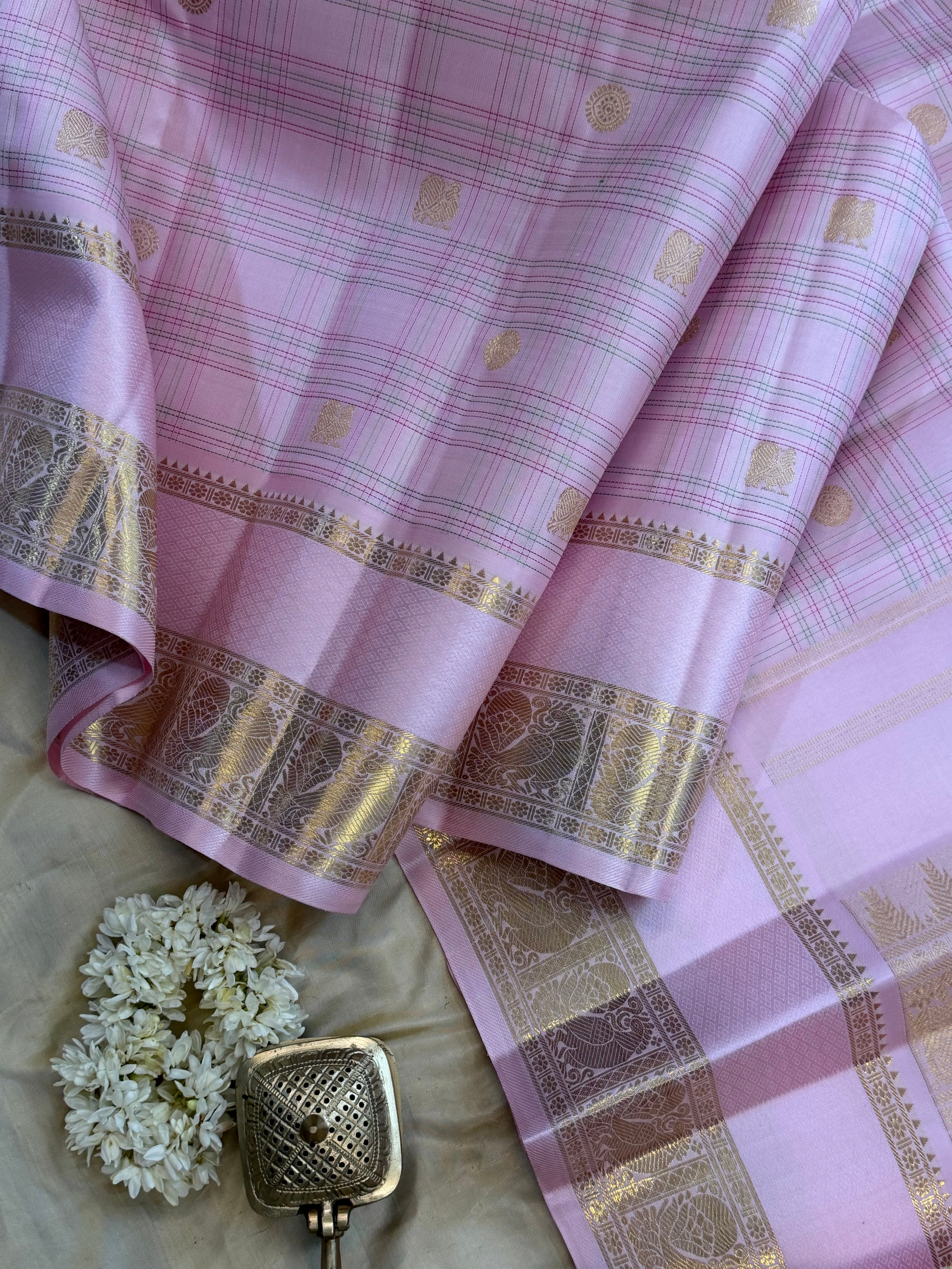 Baby pink thread Kattam retta pet pure Kanjipuram silk CL10144
