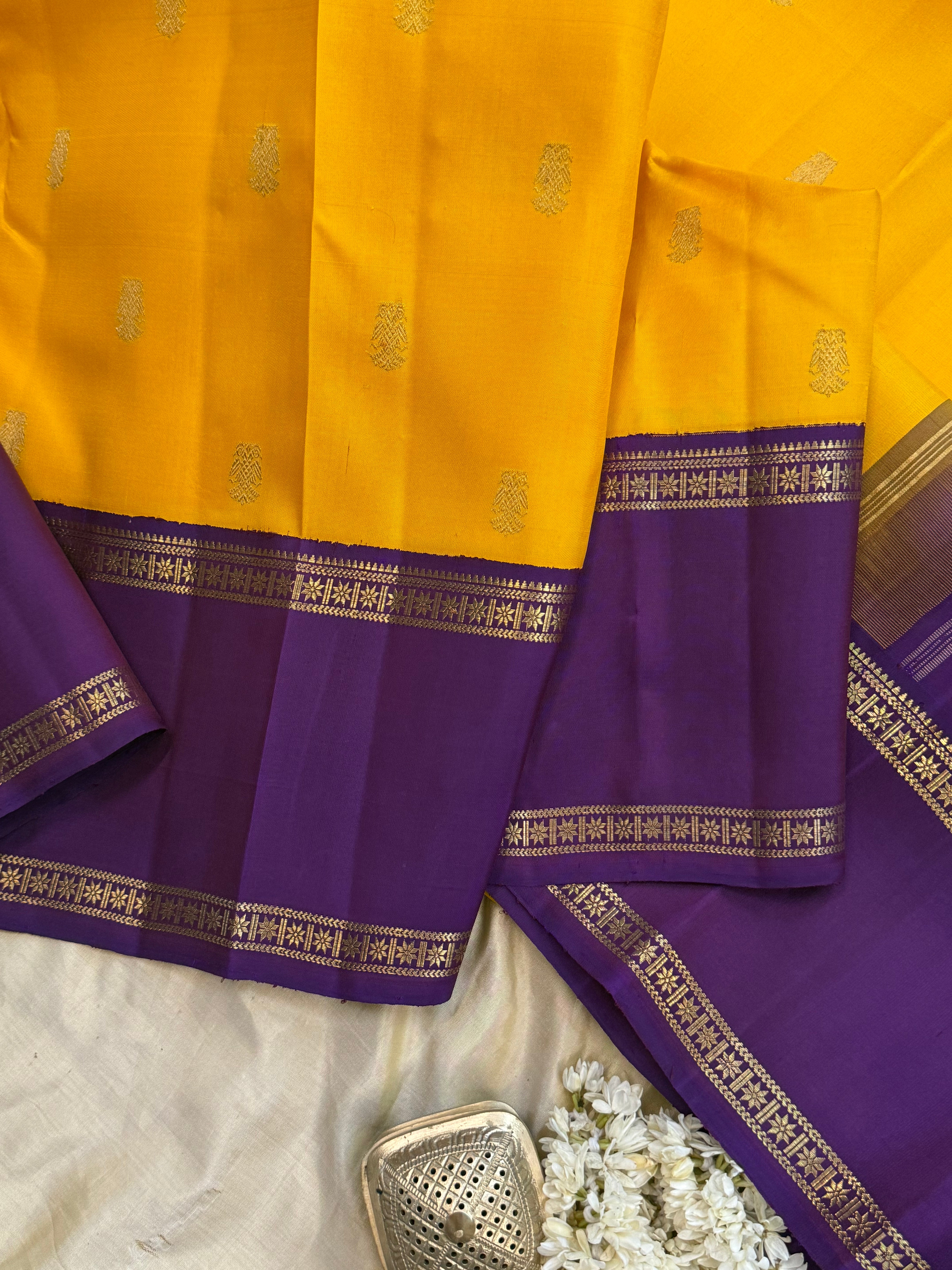 Manjal and purple rettapet border kai korvai/ Kanjipuram silk