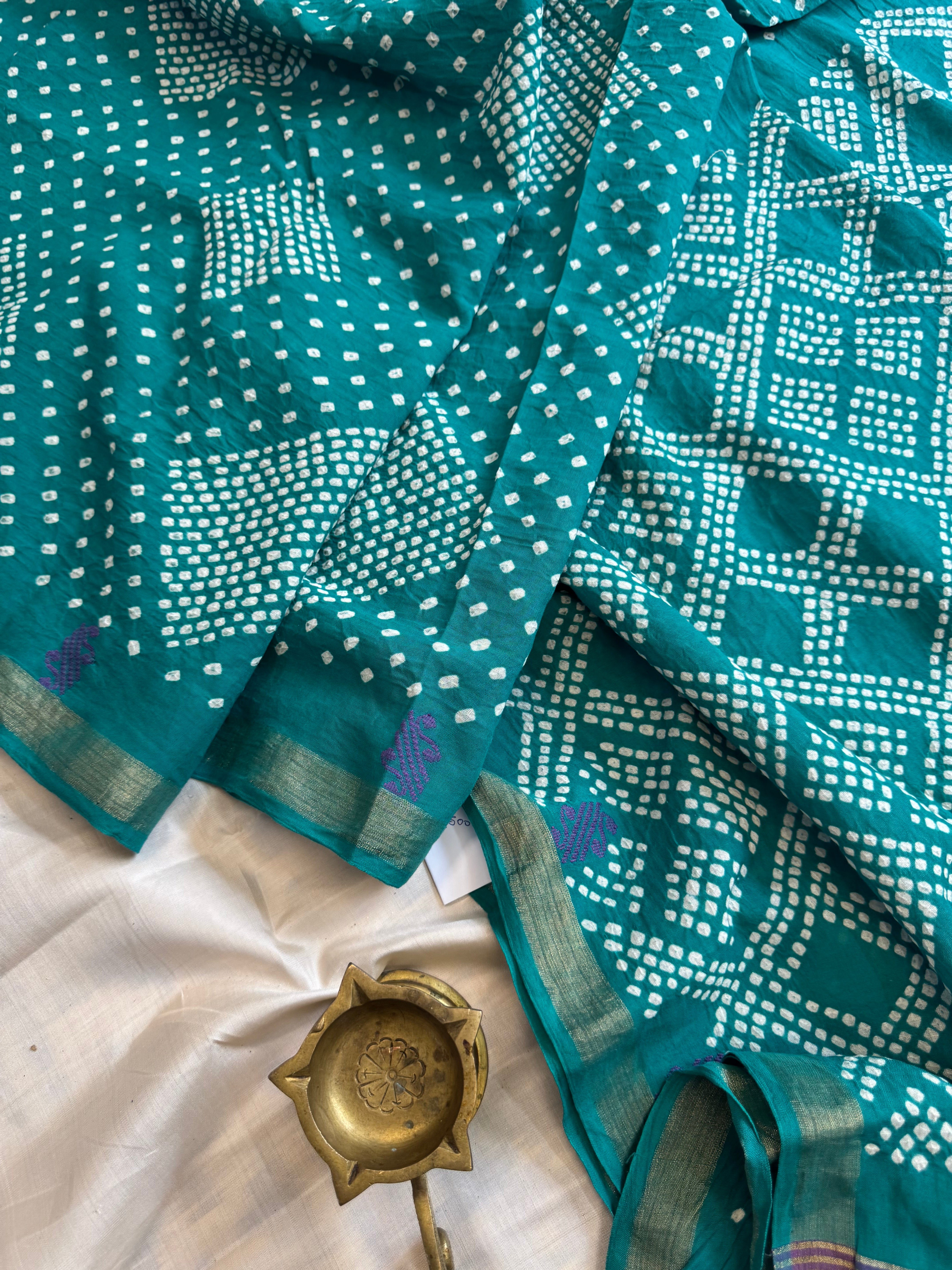 Sea green cotton Bandhini saree