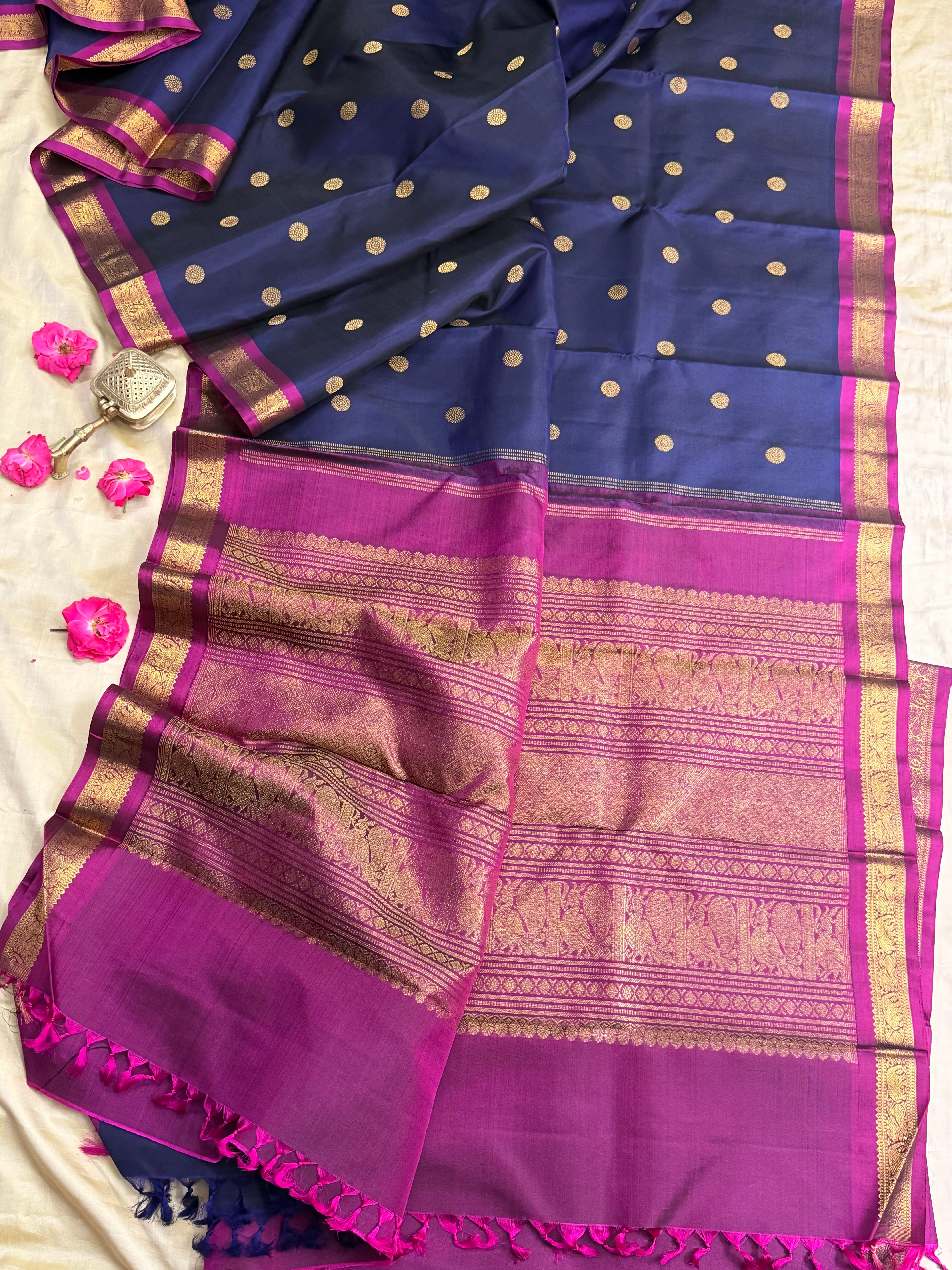 Dark blue small border pure Zari Kanjipuram silk CLSA9774