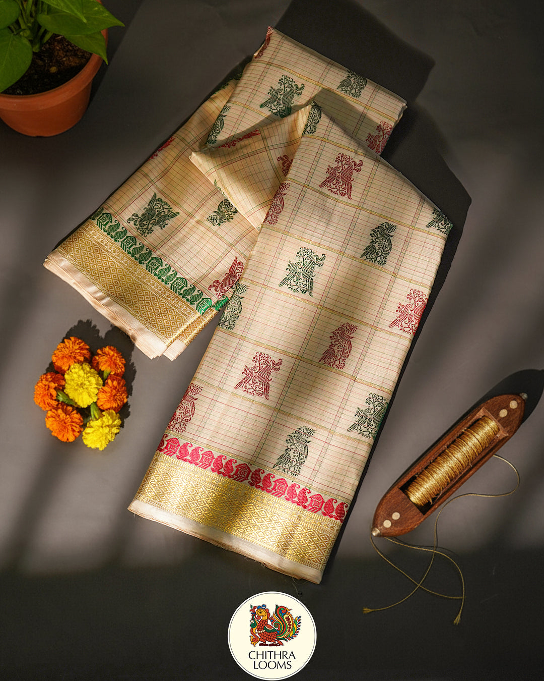 Alankar / vintage recreated golden off white Kattam Butta saree kanjipuram silk