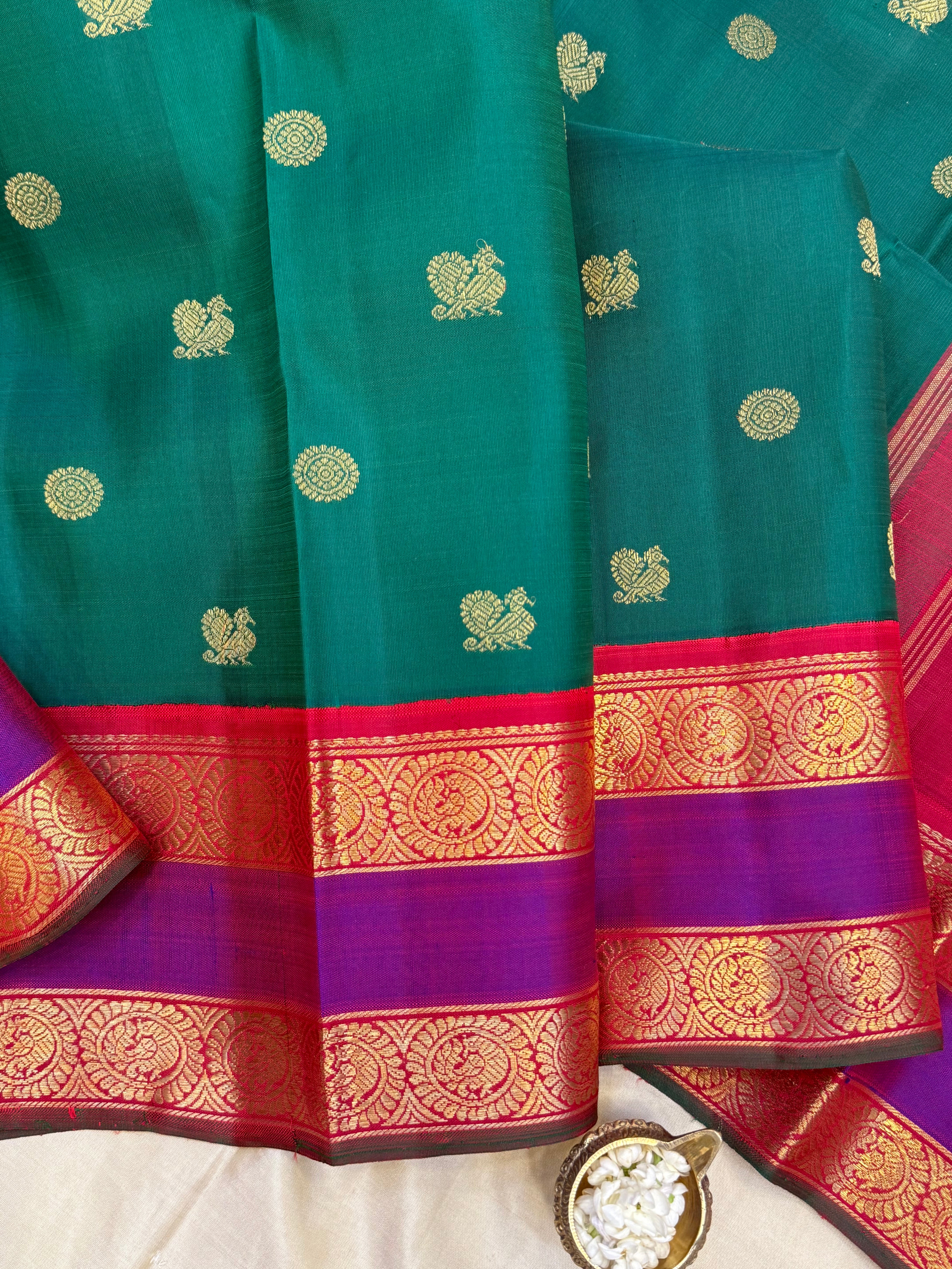 Green and purple Araku rettapet border kai korvai/ Kanjipuram Silk