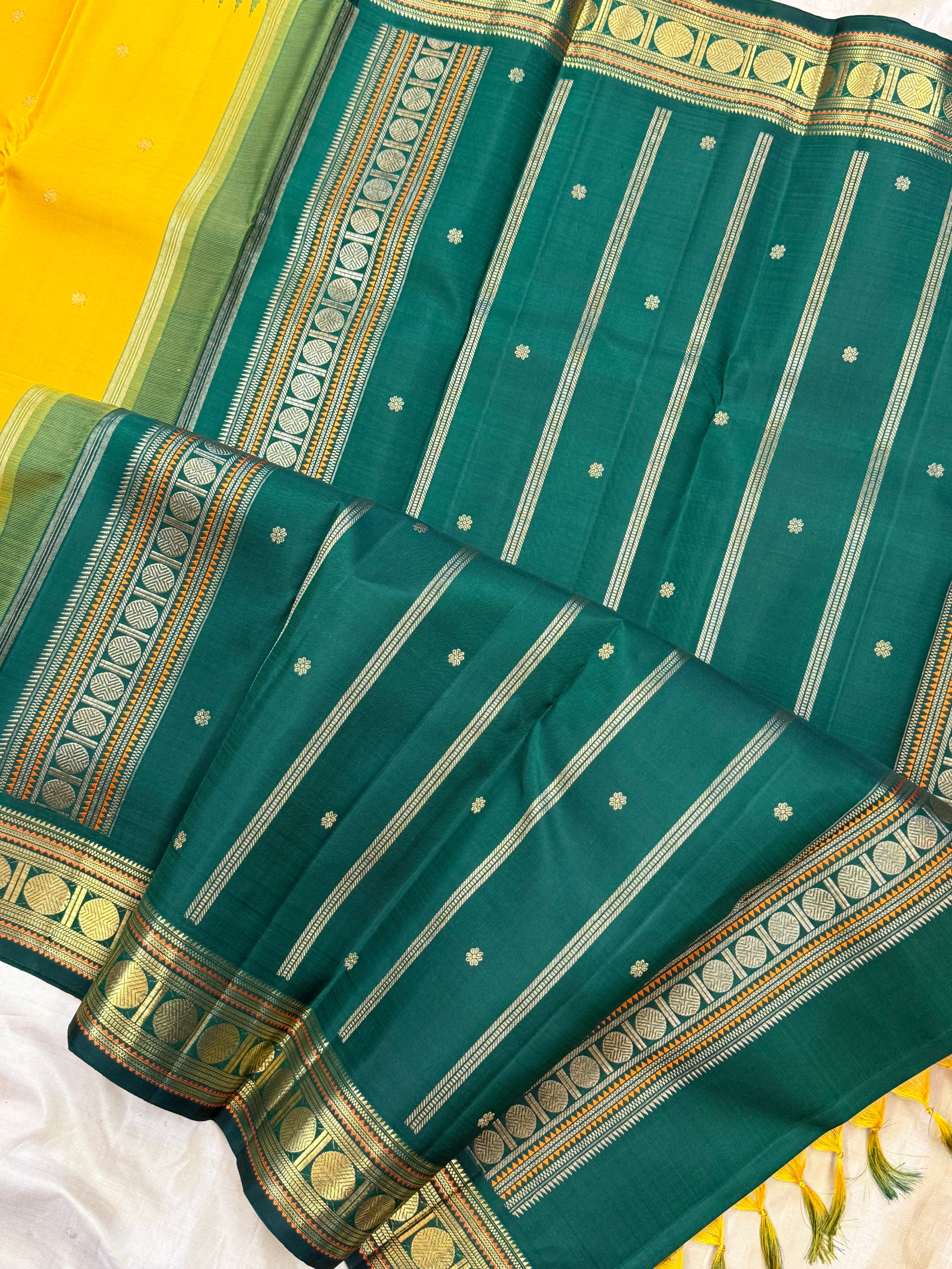 MUSTARD YELLOW WITH GREEN TEMPLE KORVAI/KANJIPURAM SILK CLSA 10334