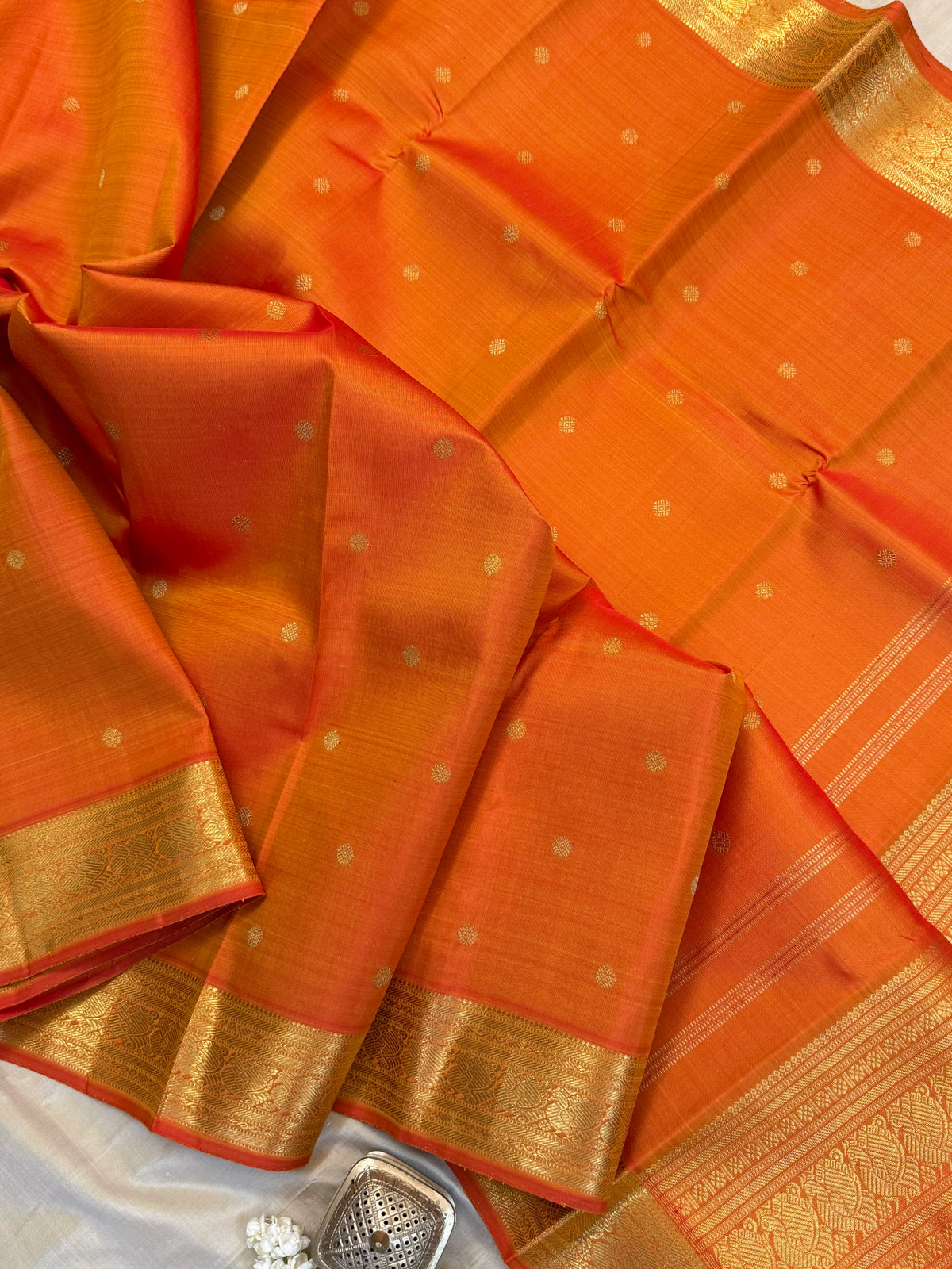 Navarathri - Day 5 Orange Colour pure Zari butta getti border /Kanjipuram silk sree Clsa 10590