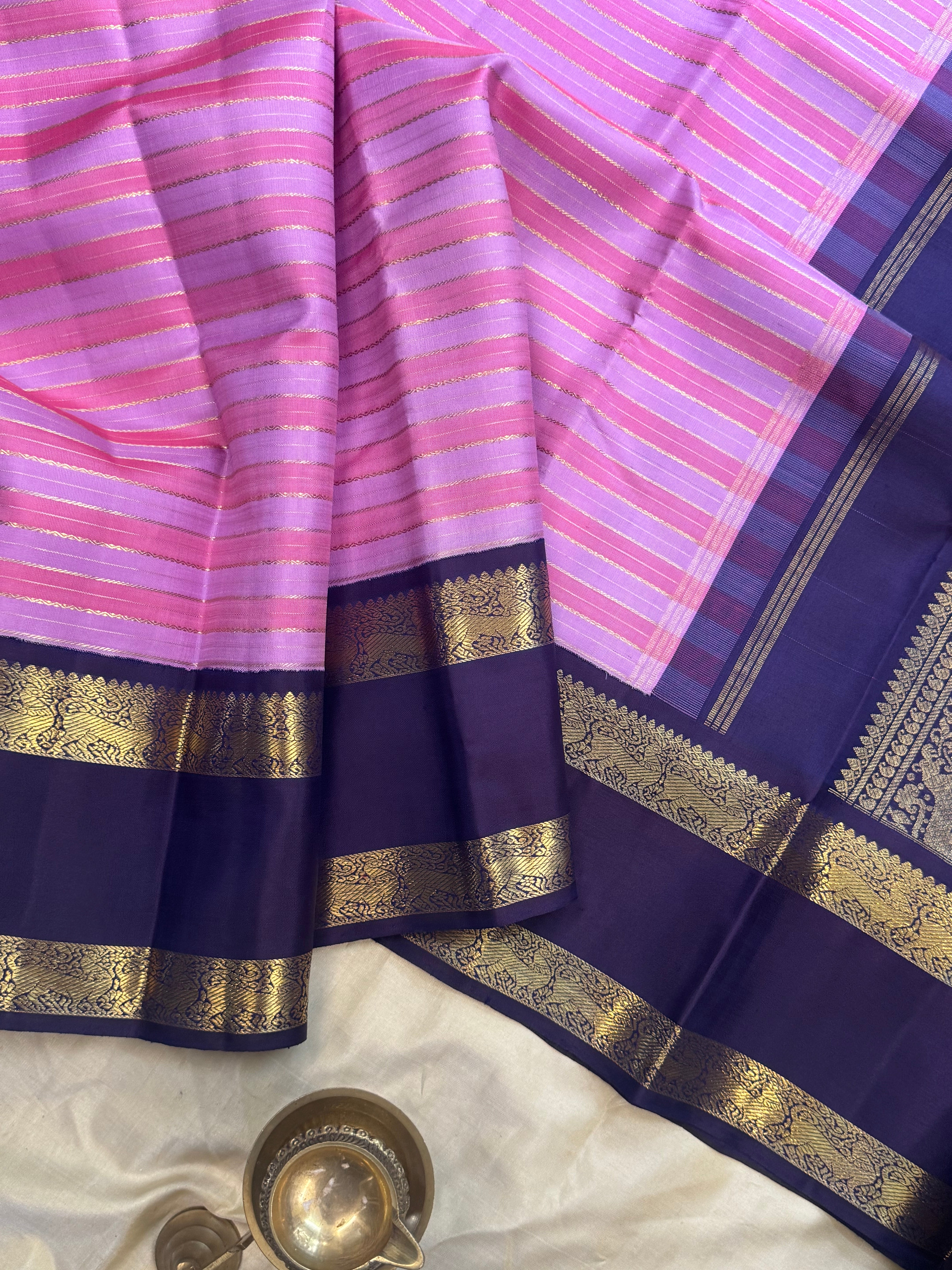 Pink and lavender veldhari and dark blue kai korvai/ Kanjipuram silk