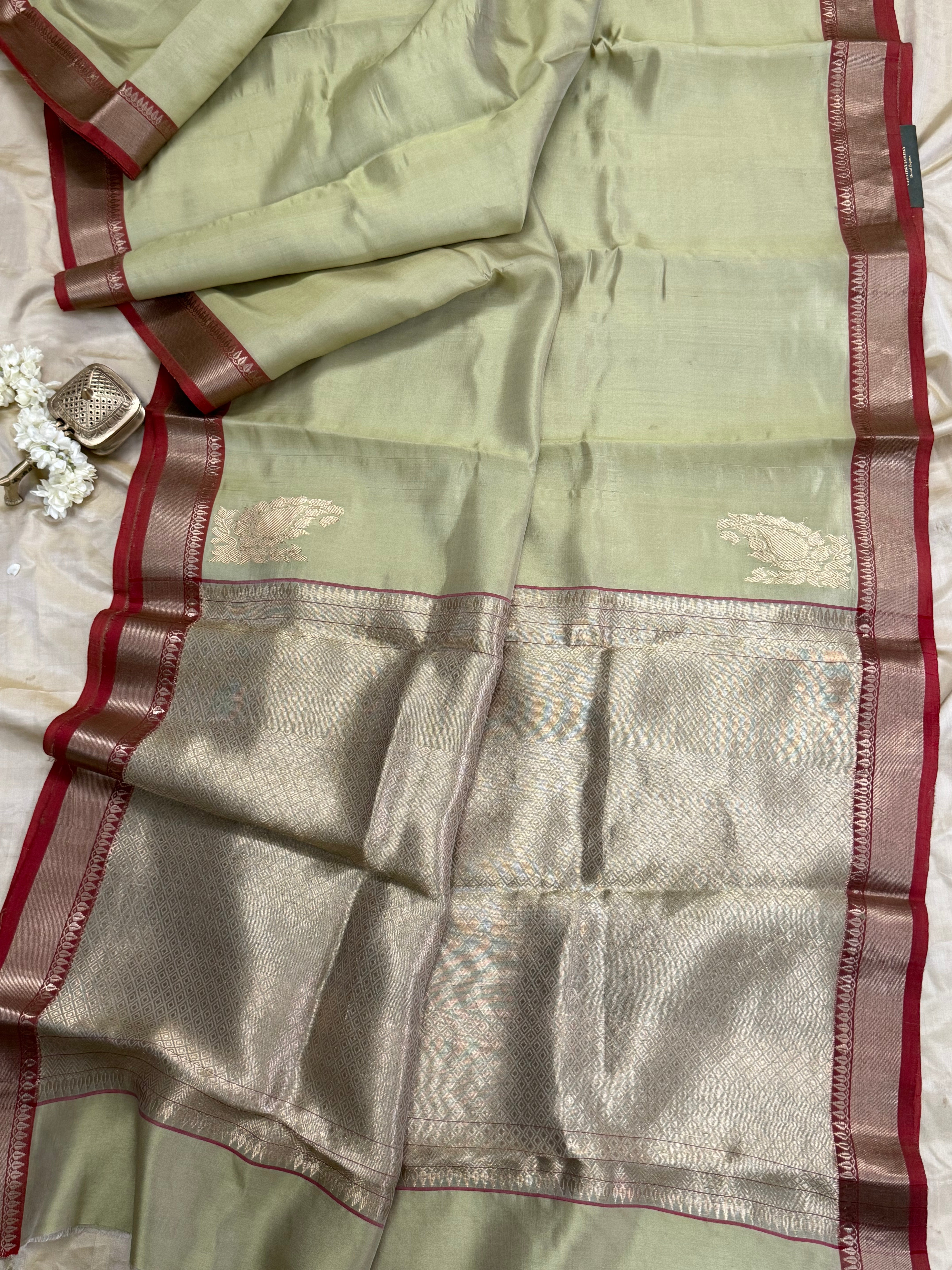 Lite pista green corner butta/ Chanderi Silk