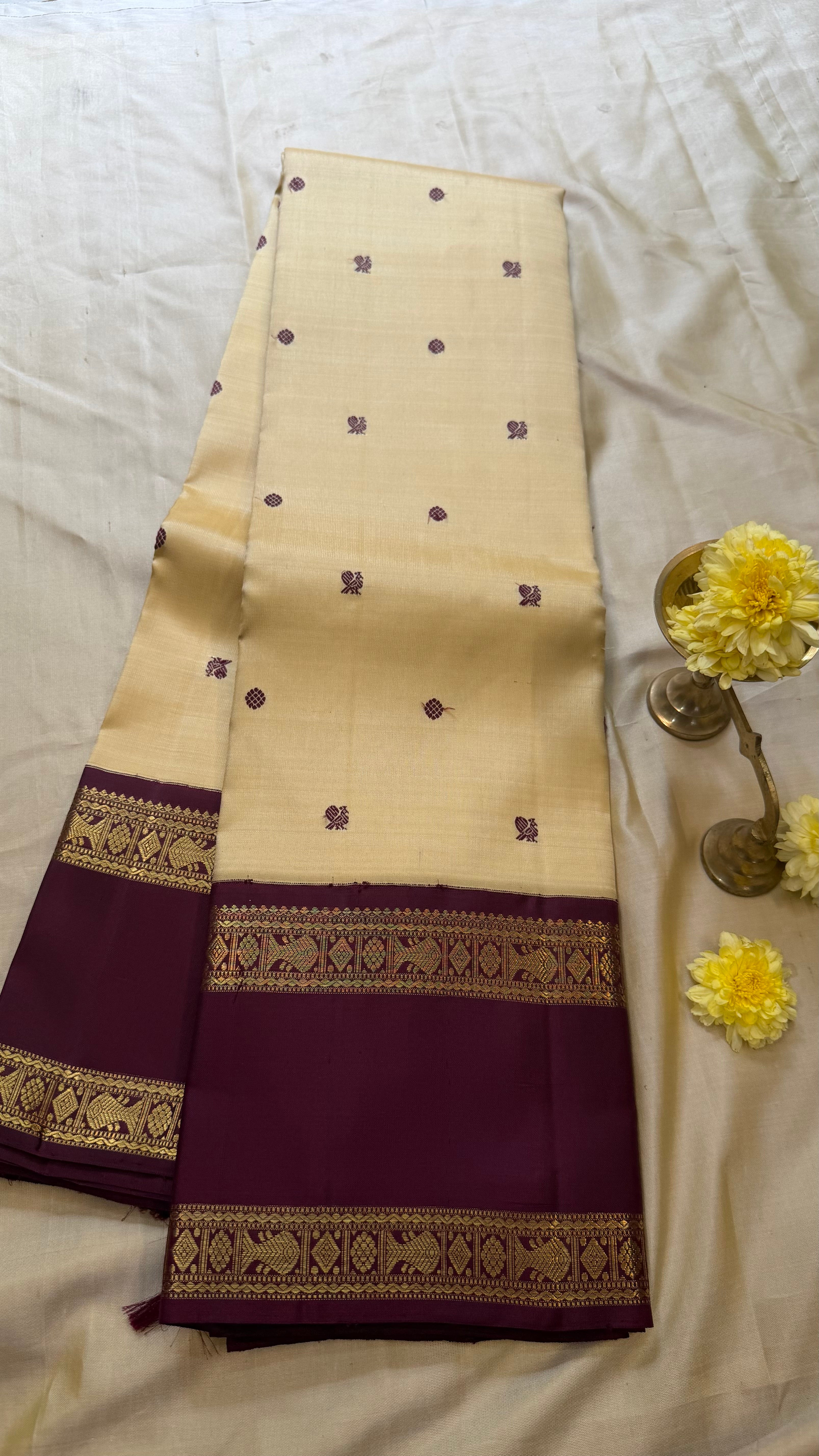Off sandal and brown rettapet border kai korvai/ kanjipuram silk