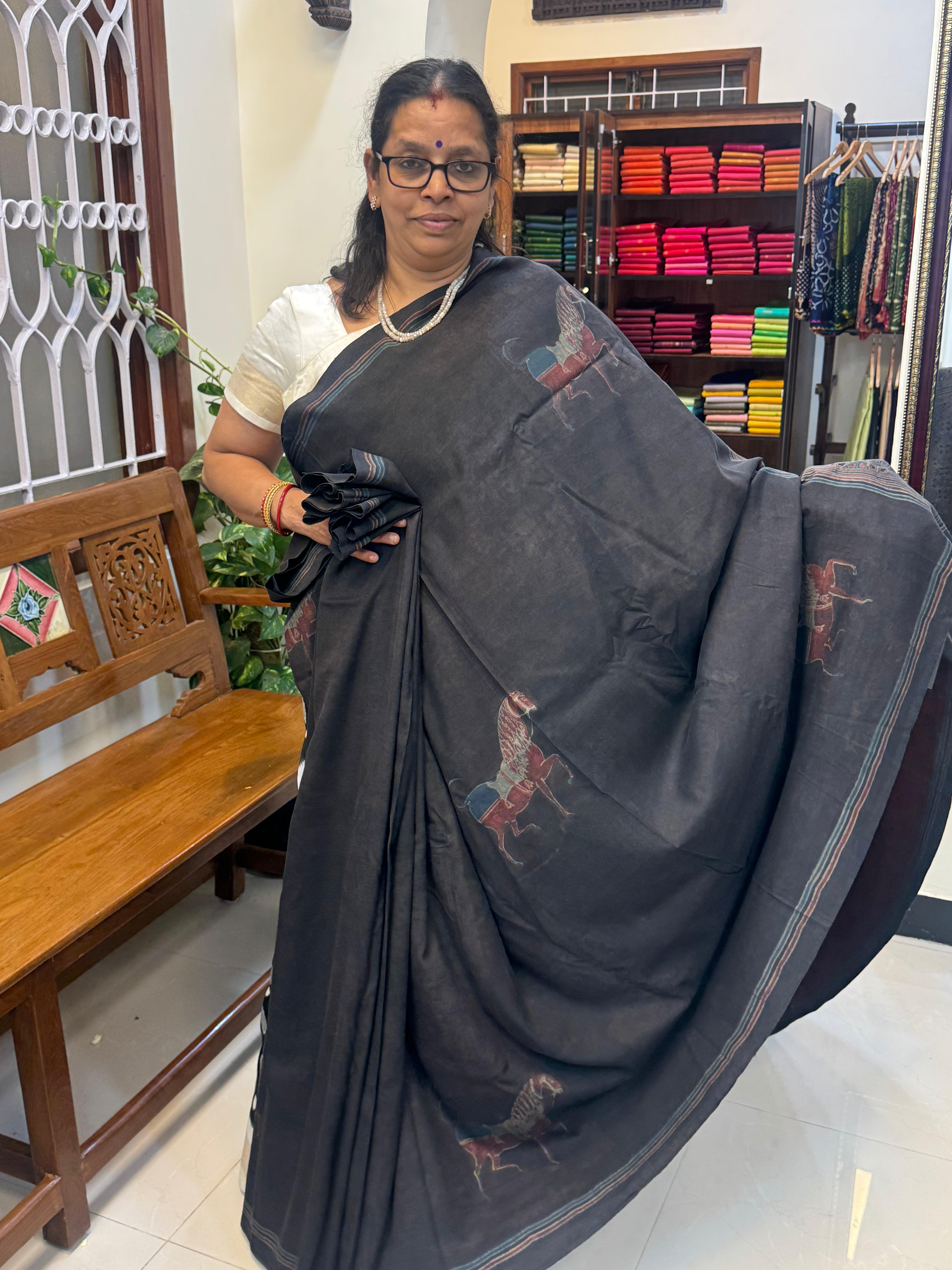 Black Horse printed Pracheen Ajrakh in pure silk