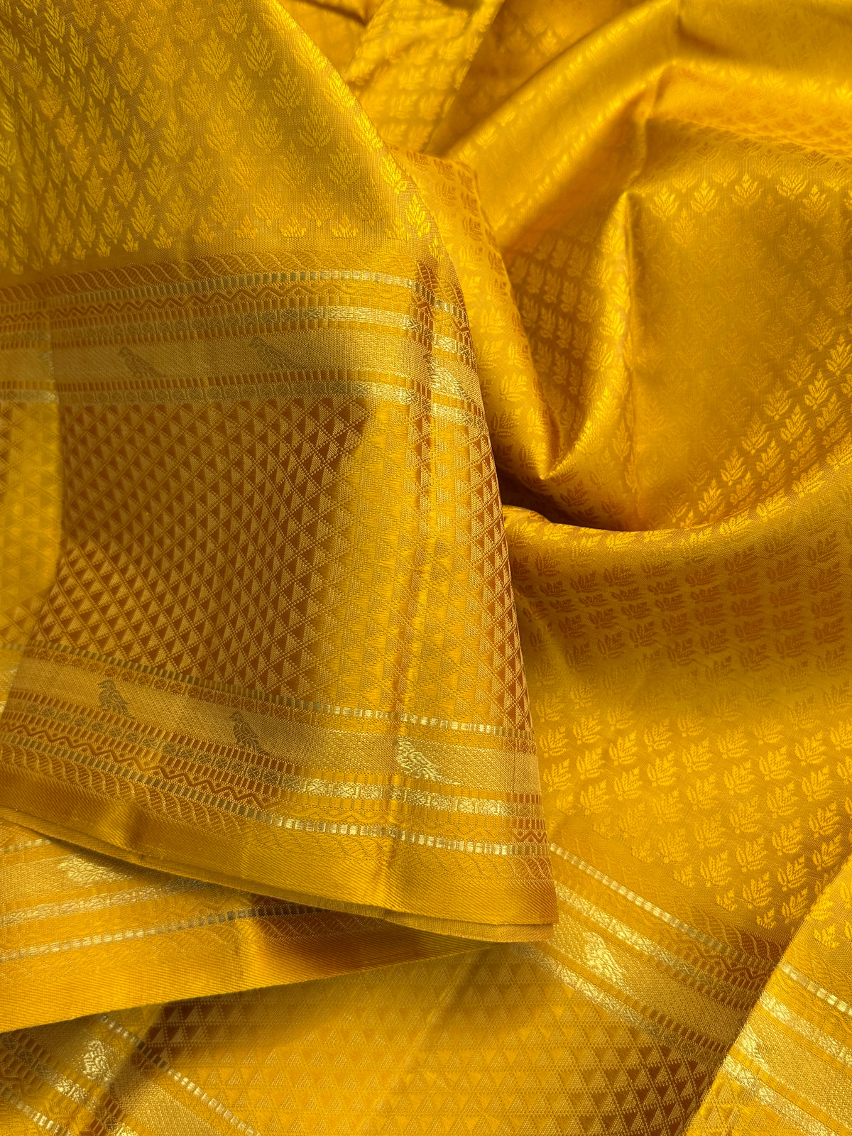 KILIYE : mustard yellow kili work /Kanjipuram silk saree