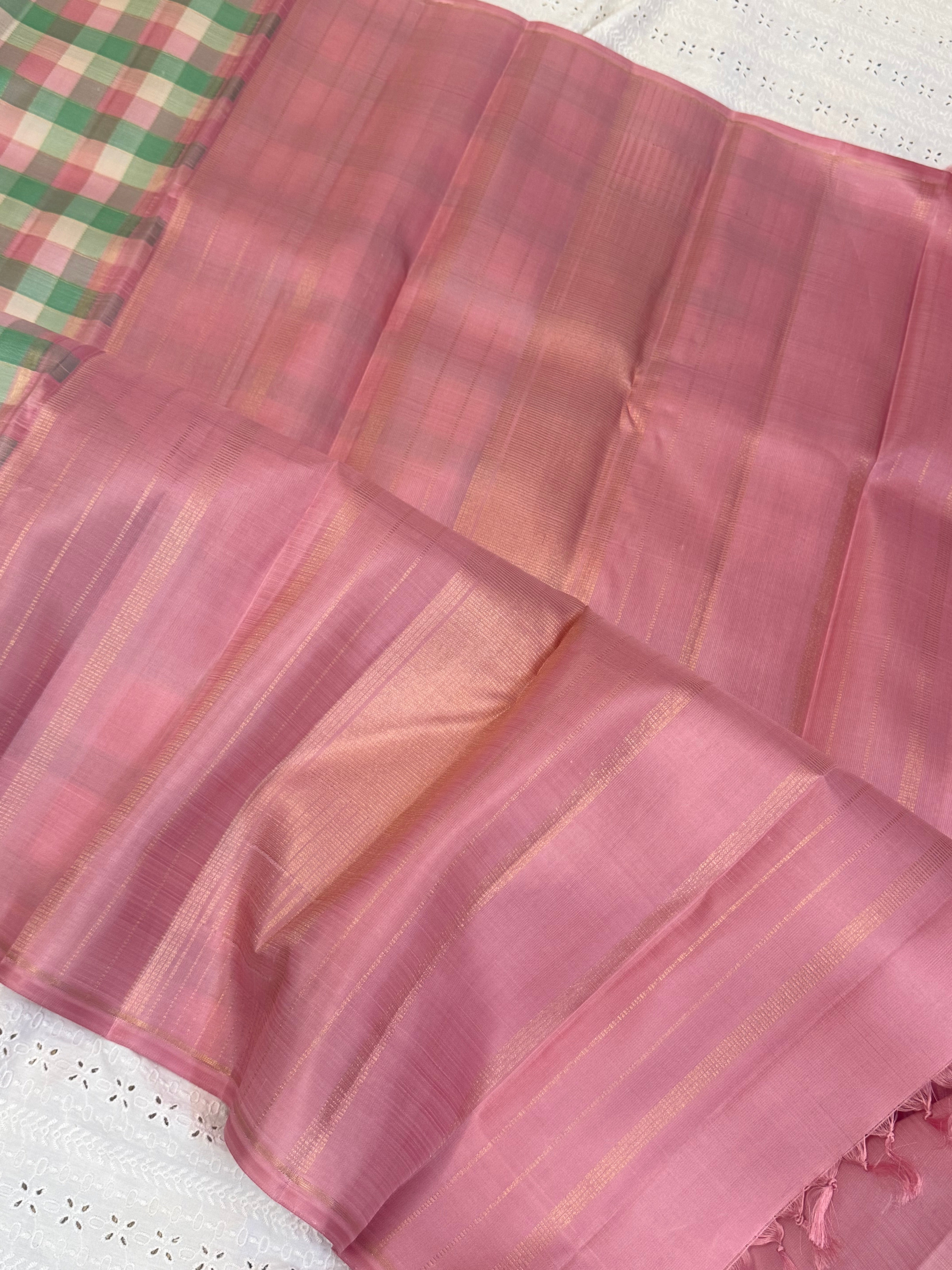 Multicolour checks unique Zari line / border less kanjipuram silk saree CLSA 10498
