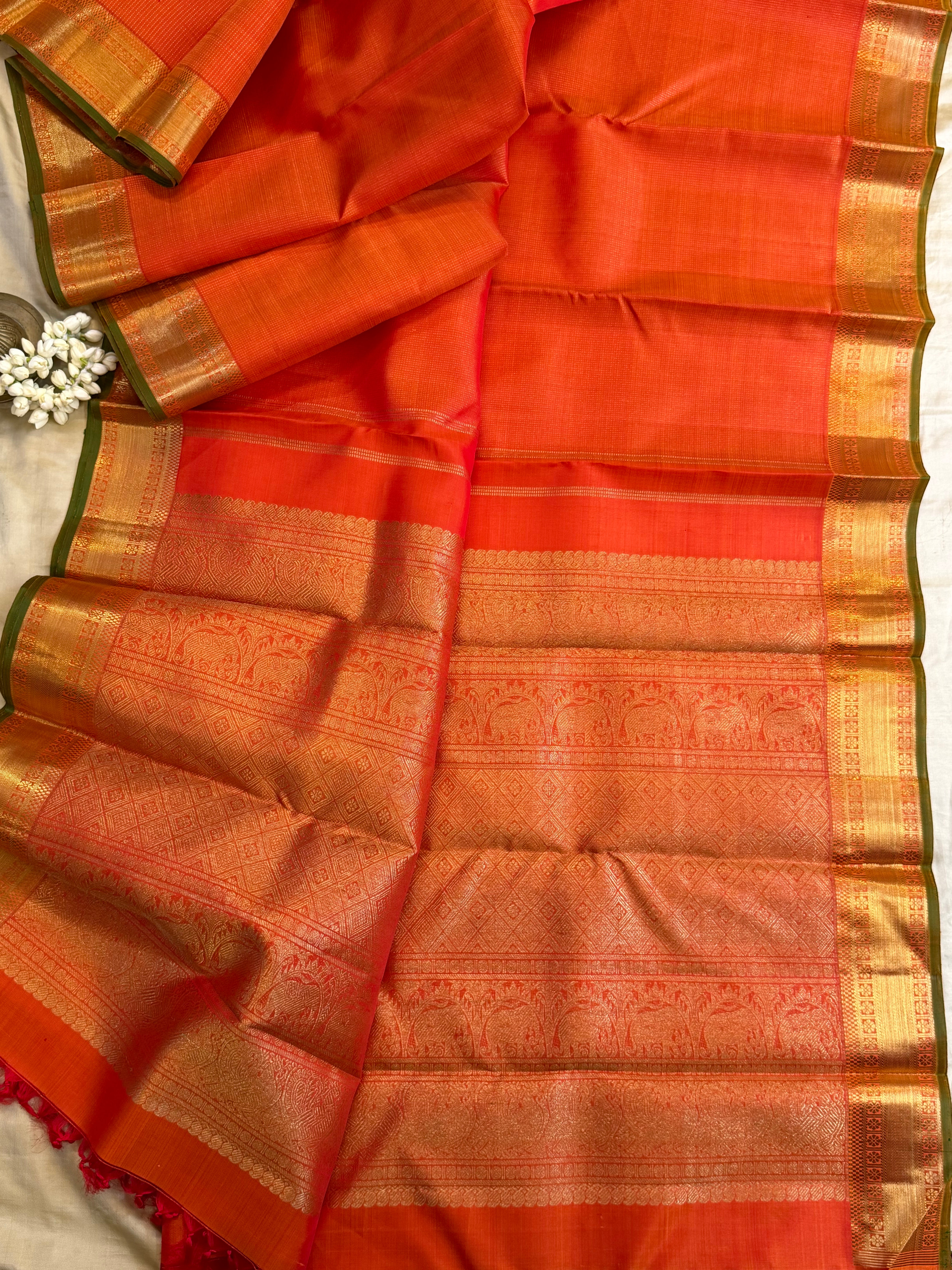 Heirloom oosivanam rustic orange Kanjipuram silk saree