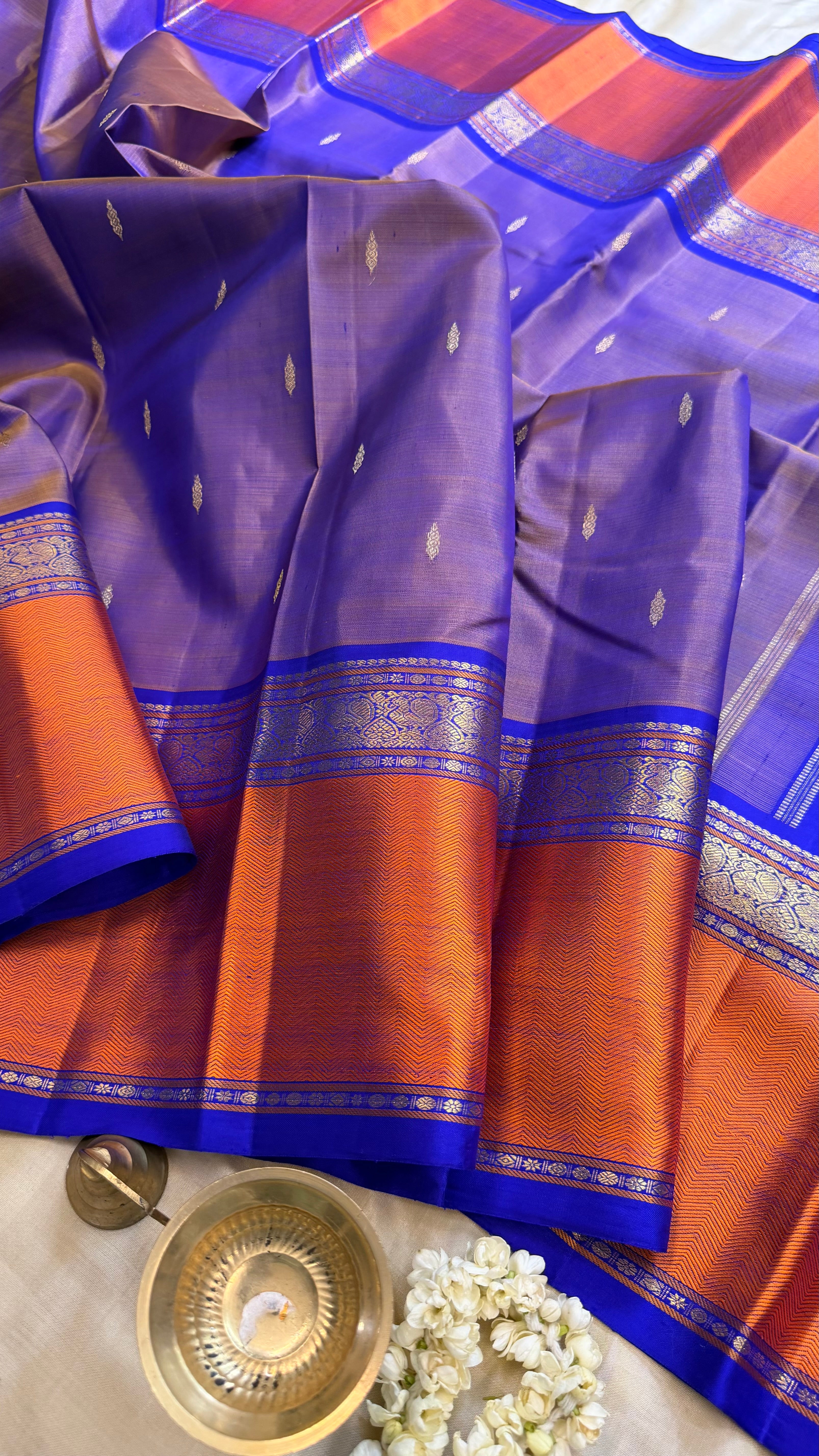 Master weaver - purple shot chocolate brown and rust border / Kanjipuram Silk