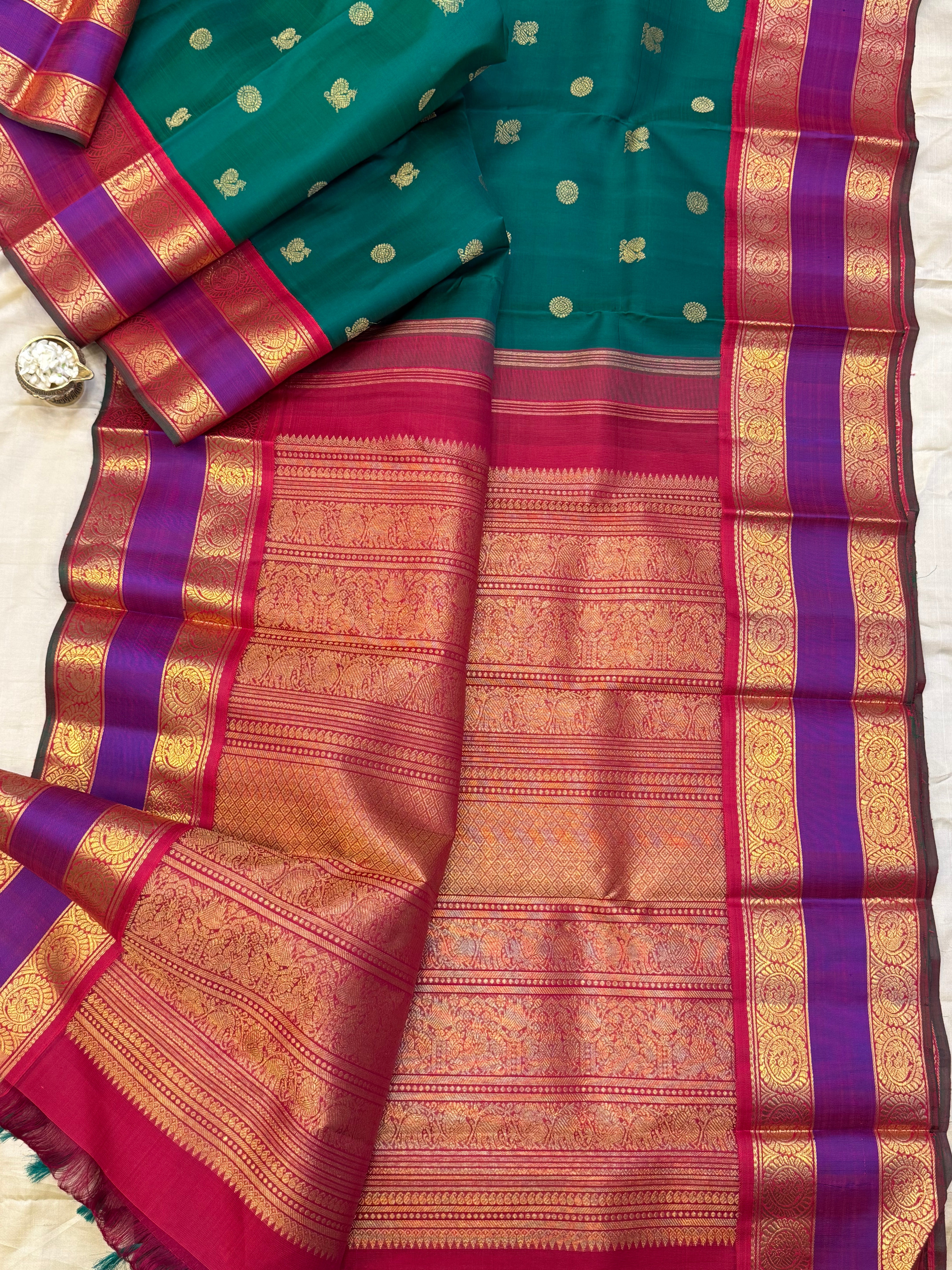 Green and purple Araku rettapet border kai korvai/ Kanjipuram Silk