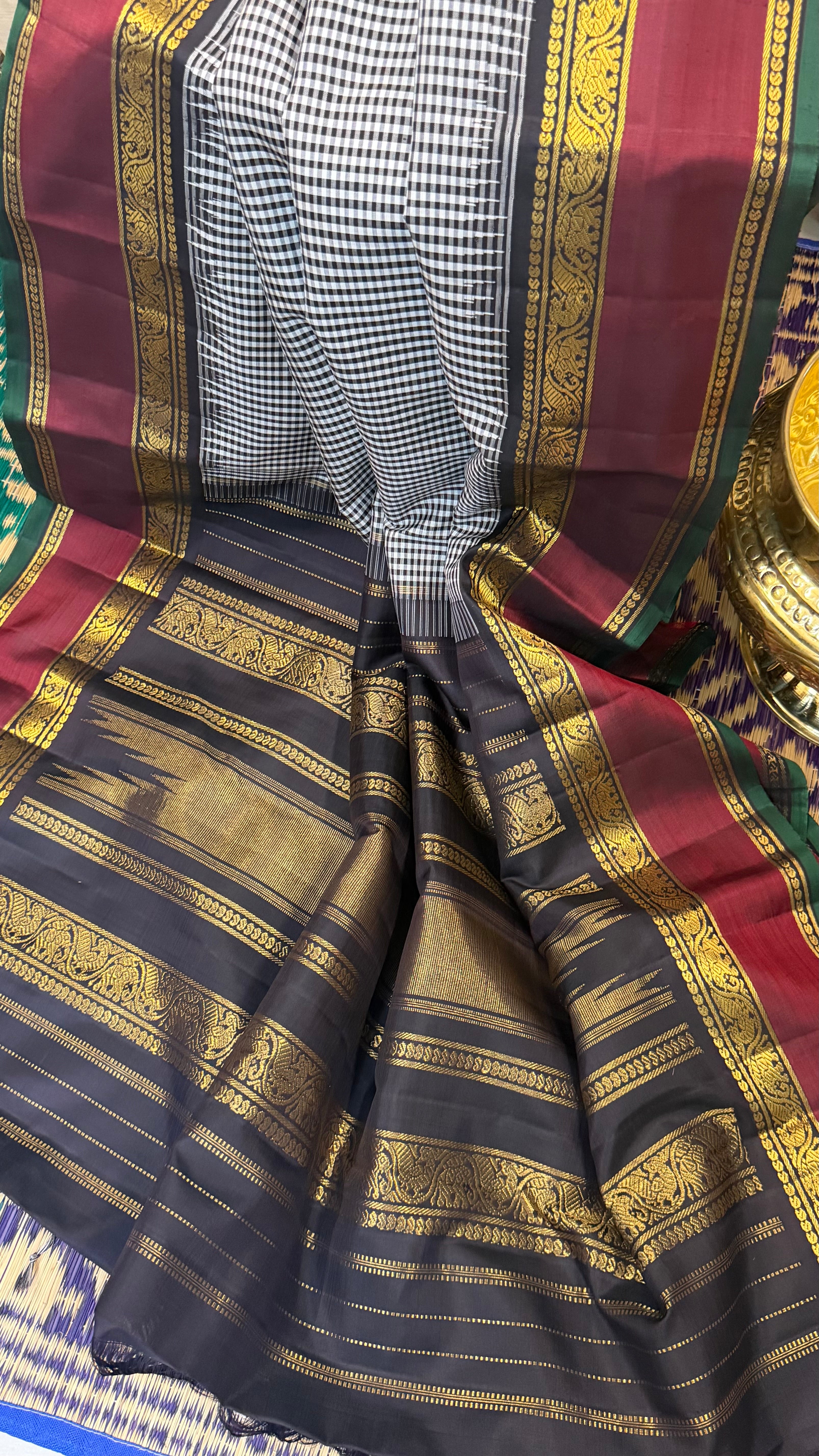 Vintage Kattam Korvai white black checks / Kanjipuram silk