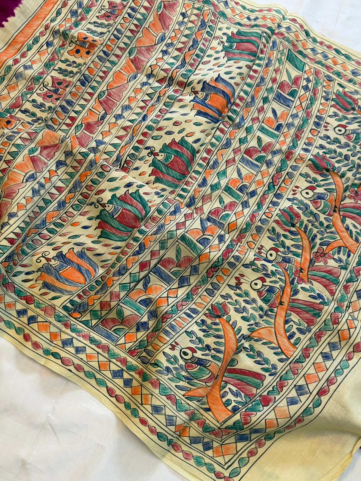 Purple Bandhini with Madhubani work in silk