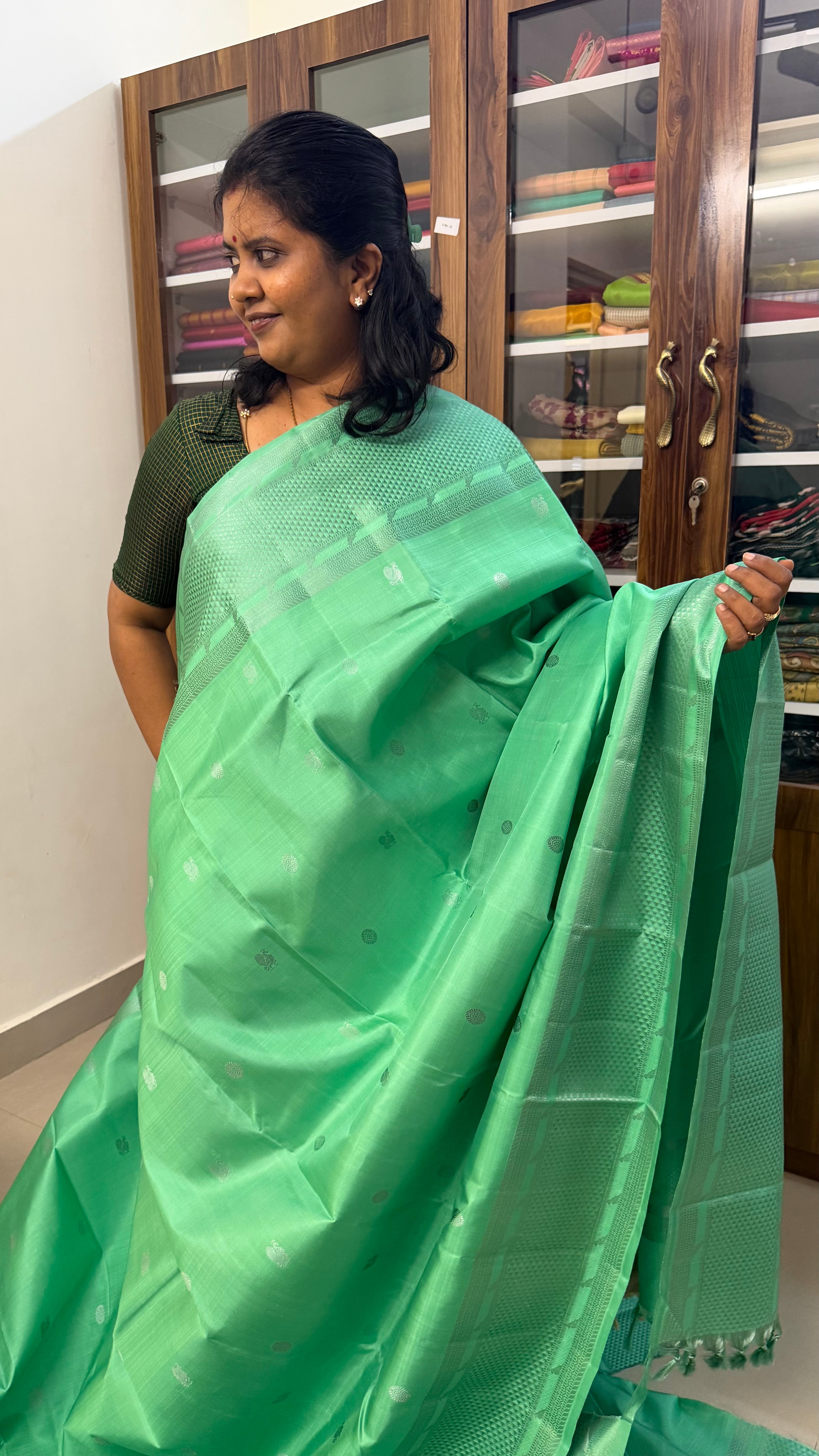 Apple green Kili thread work Kanjipuram silk