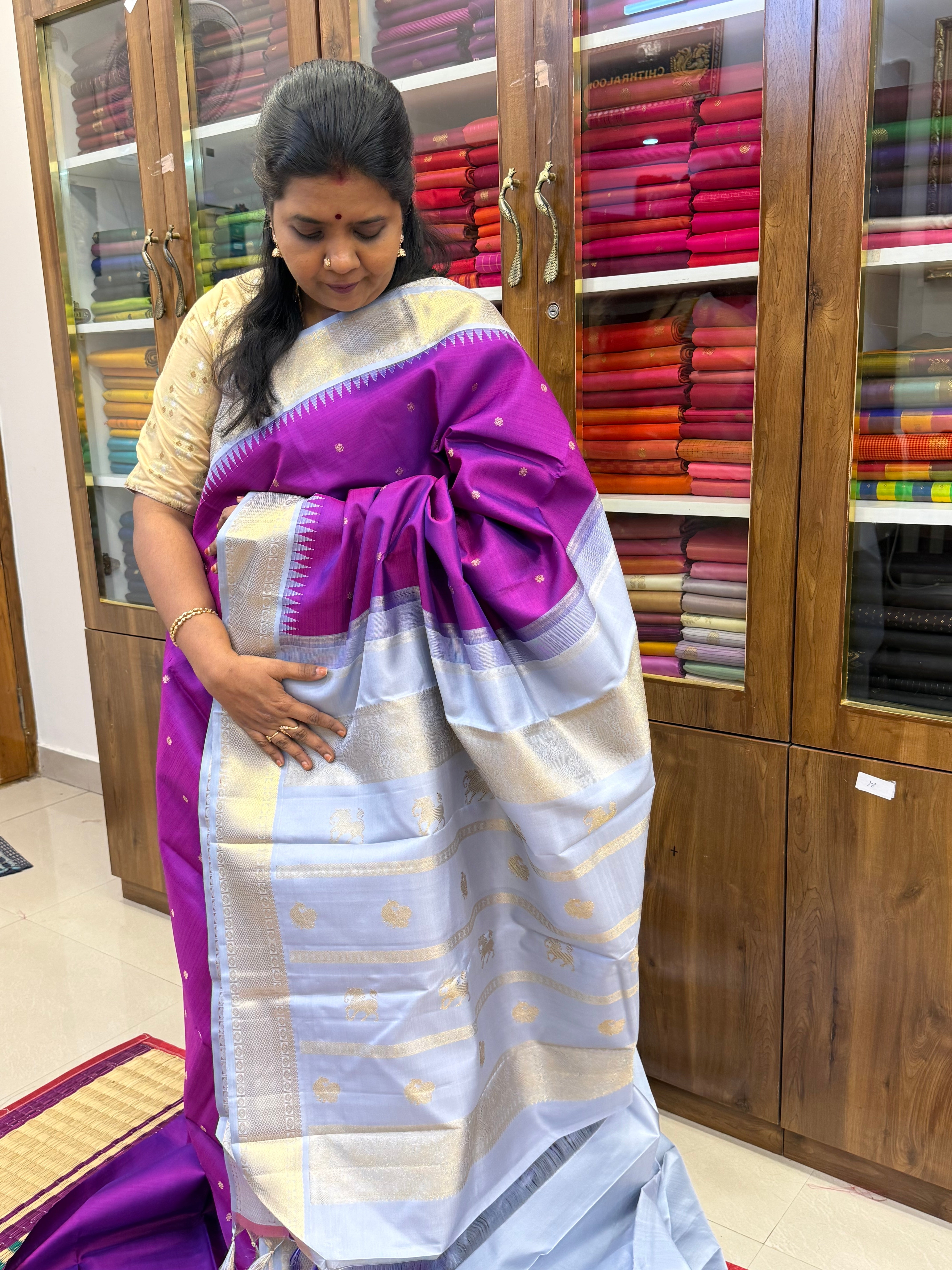 Aubergine colour Korvai kanjipuram silk