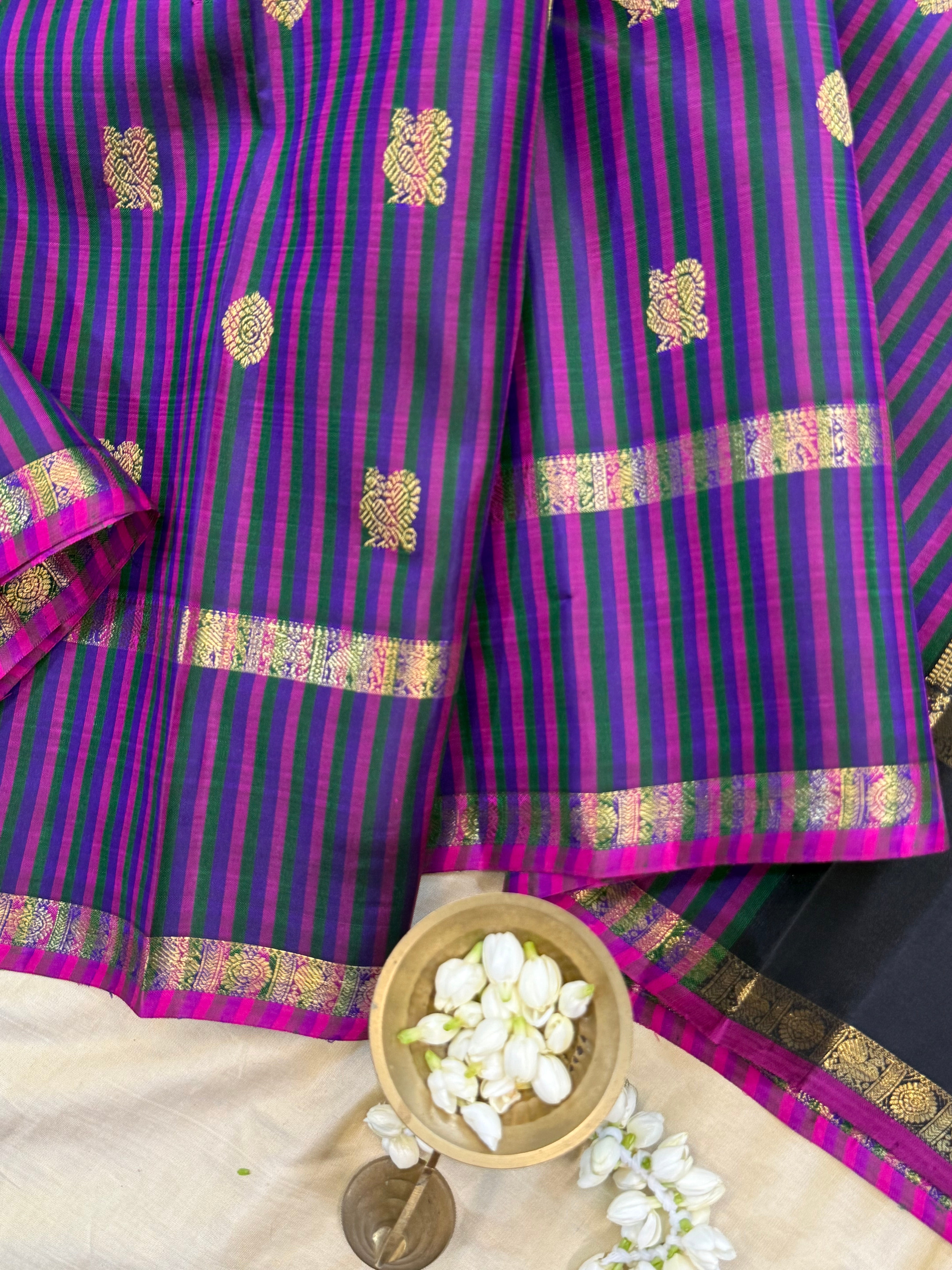 Deep purple multi colored stripes annam and chakram butta/ Kanjipuram silk