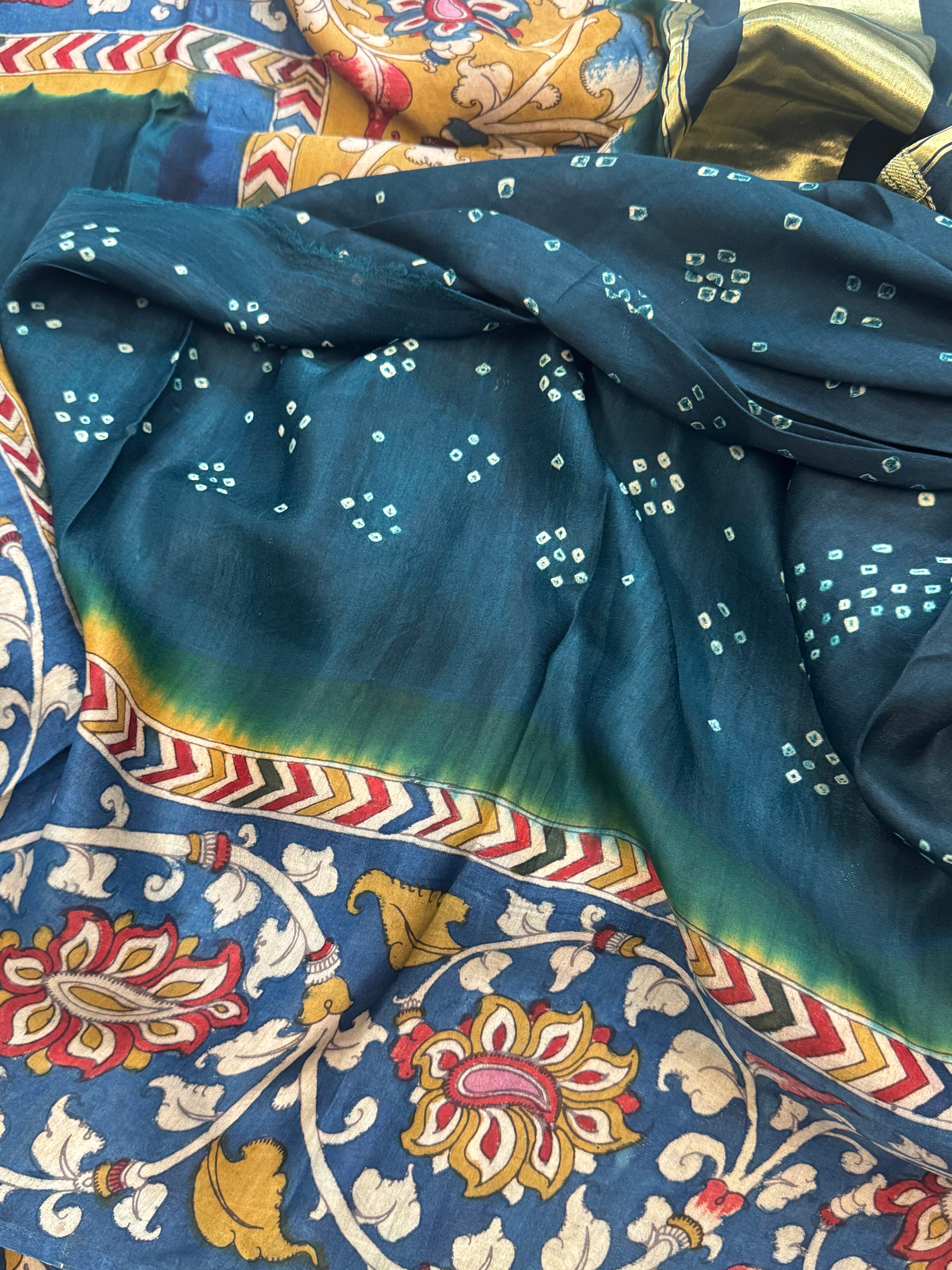Gajji silk border Kalamkari / Bandhini saree