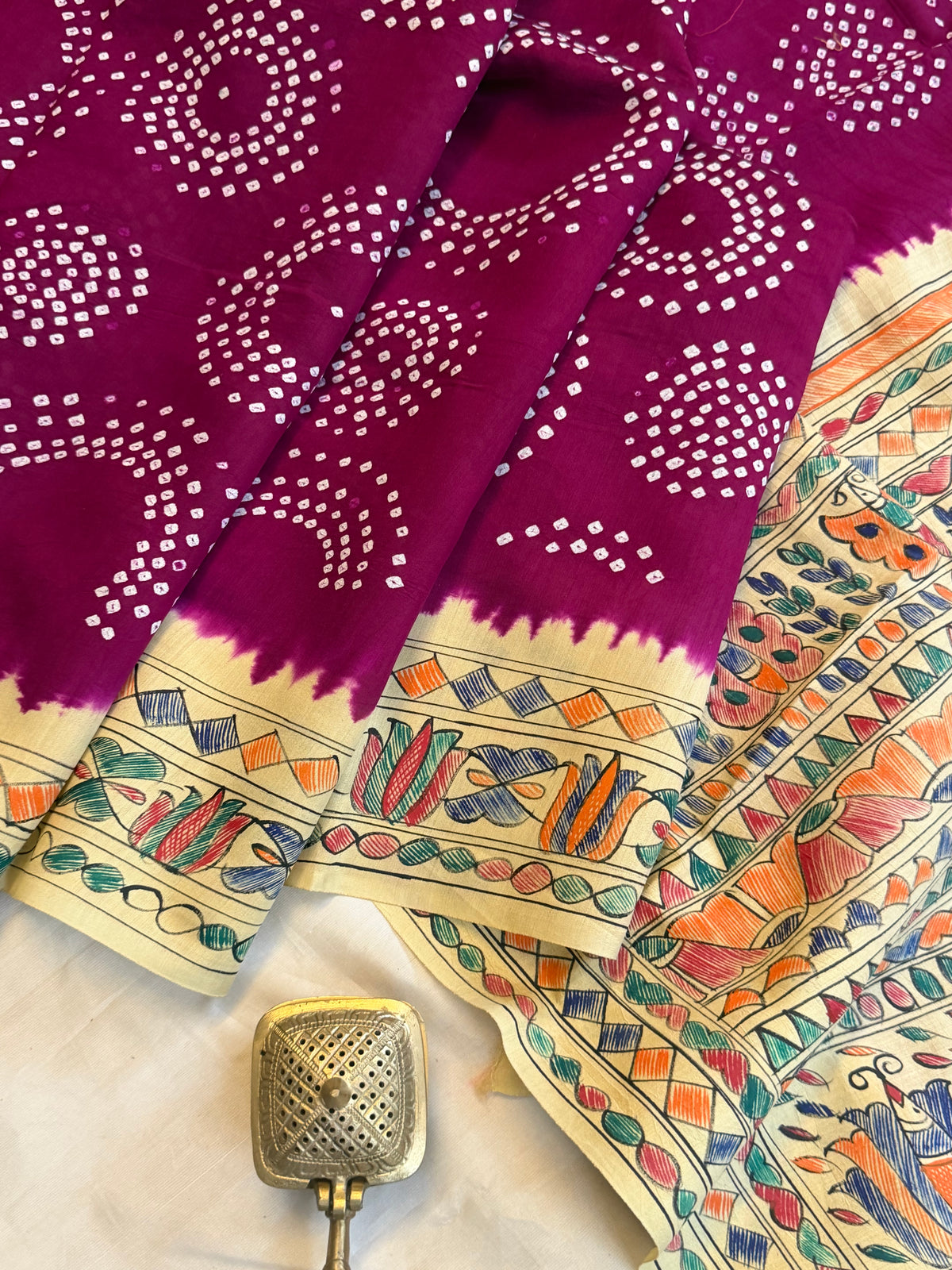 Purple Bandhini with Madhubani work in silk