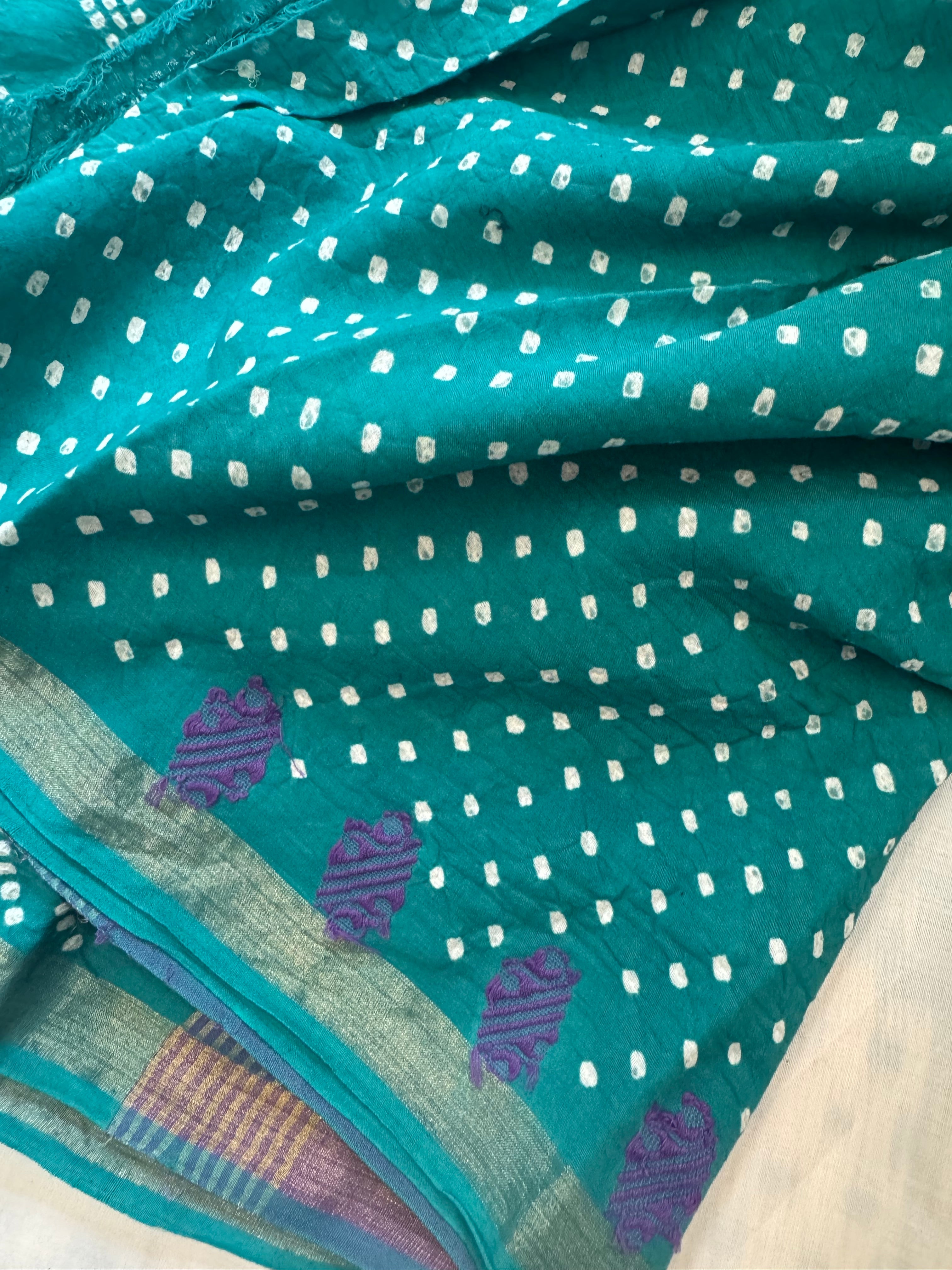 Sea green cotton Bandhini saree