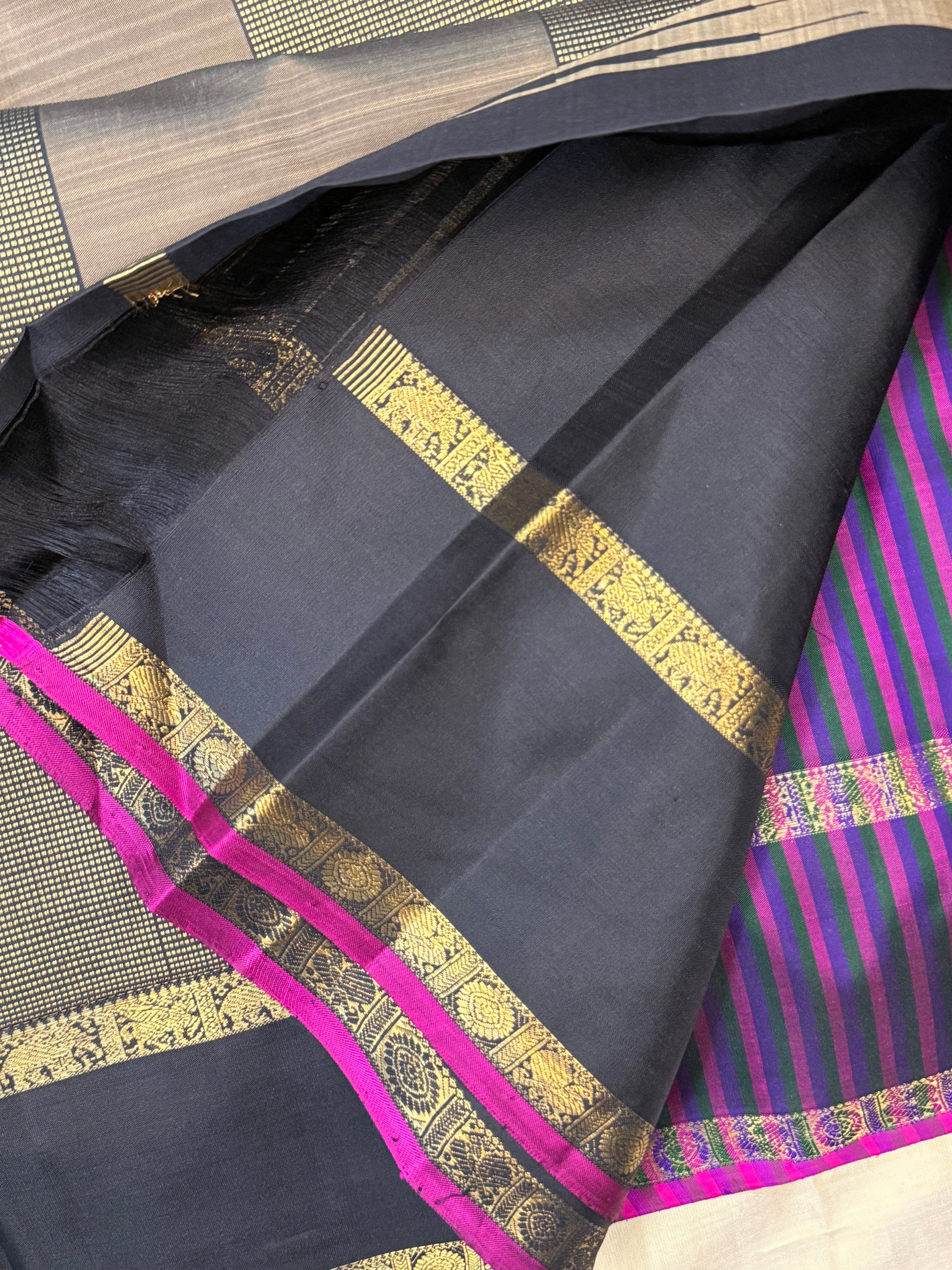 Deep purple multi colored stripes annam and chakram butta/ Kanjipuram silk
