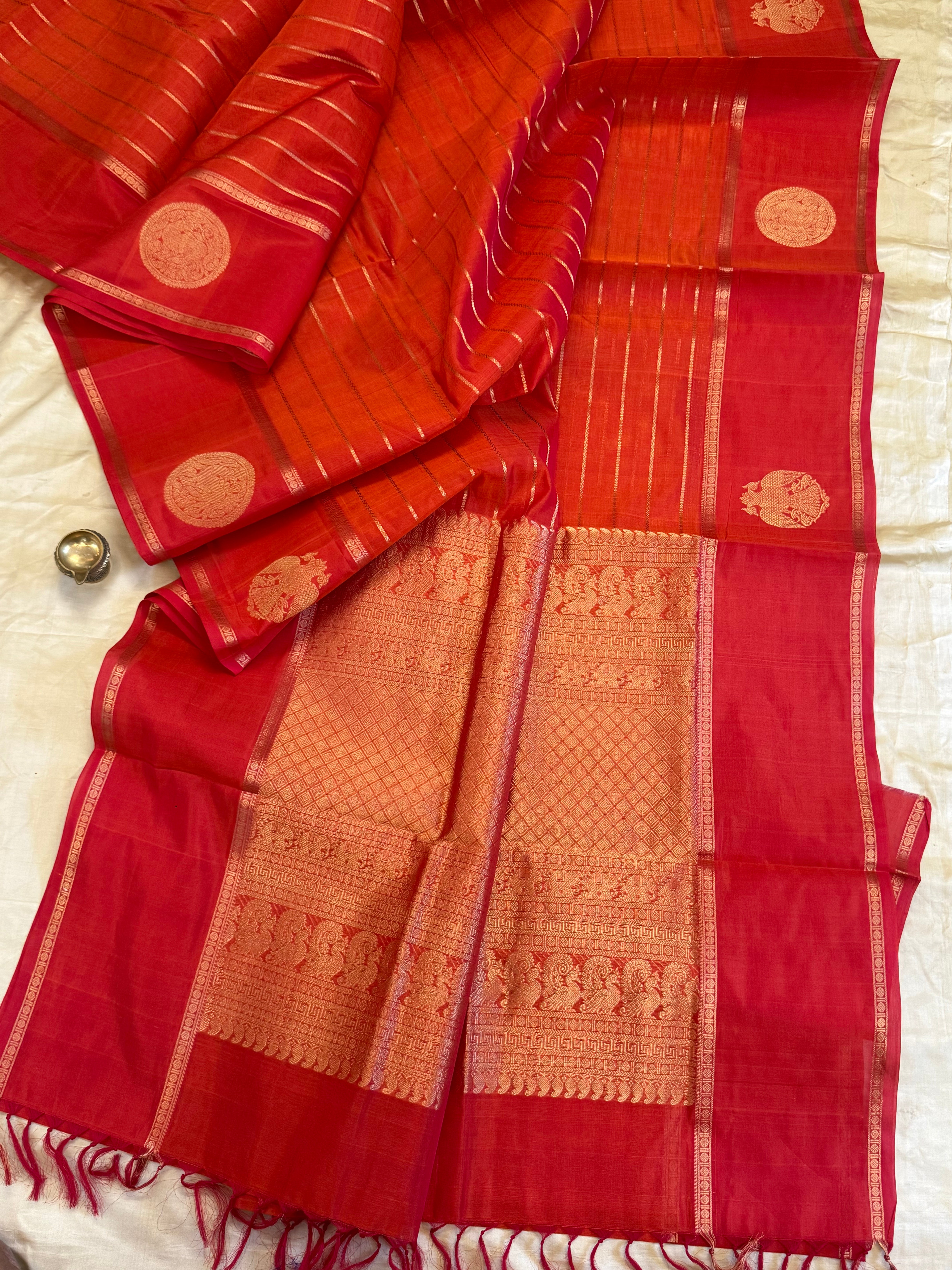Reddish orange veldhari and border butta / Silk Cotton