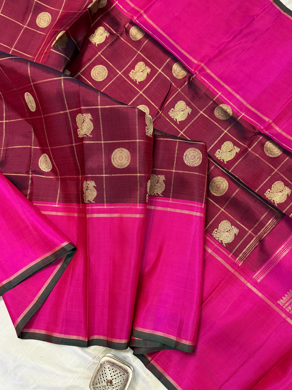 Maroon with long border Pure Zari Annam chakram Kattam butta /kanjipuram silk saree