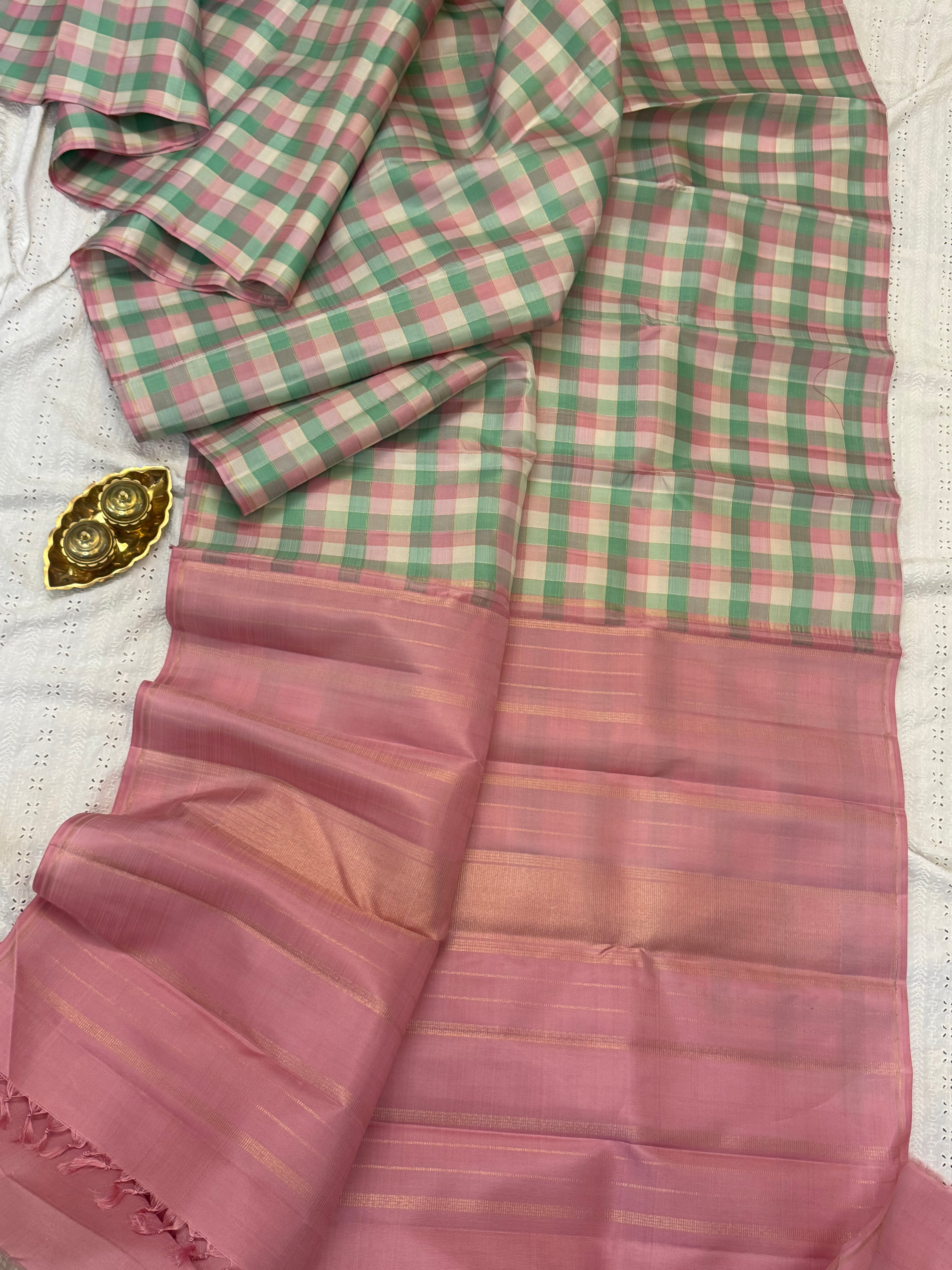 Multicolour checks unique Zari line / border less kanjipuram silk saree CLSA 10498