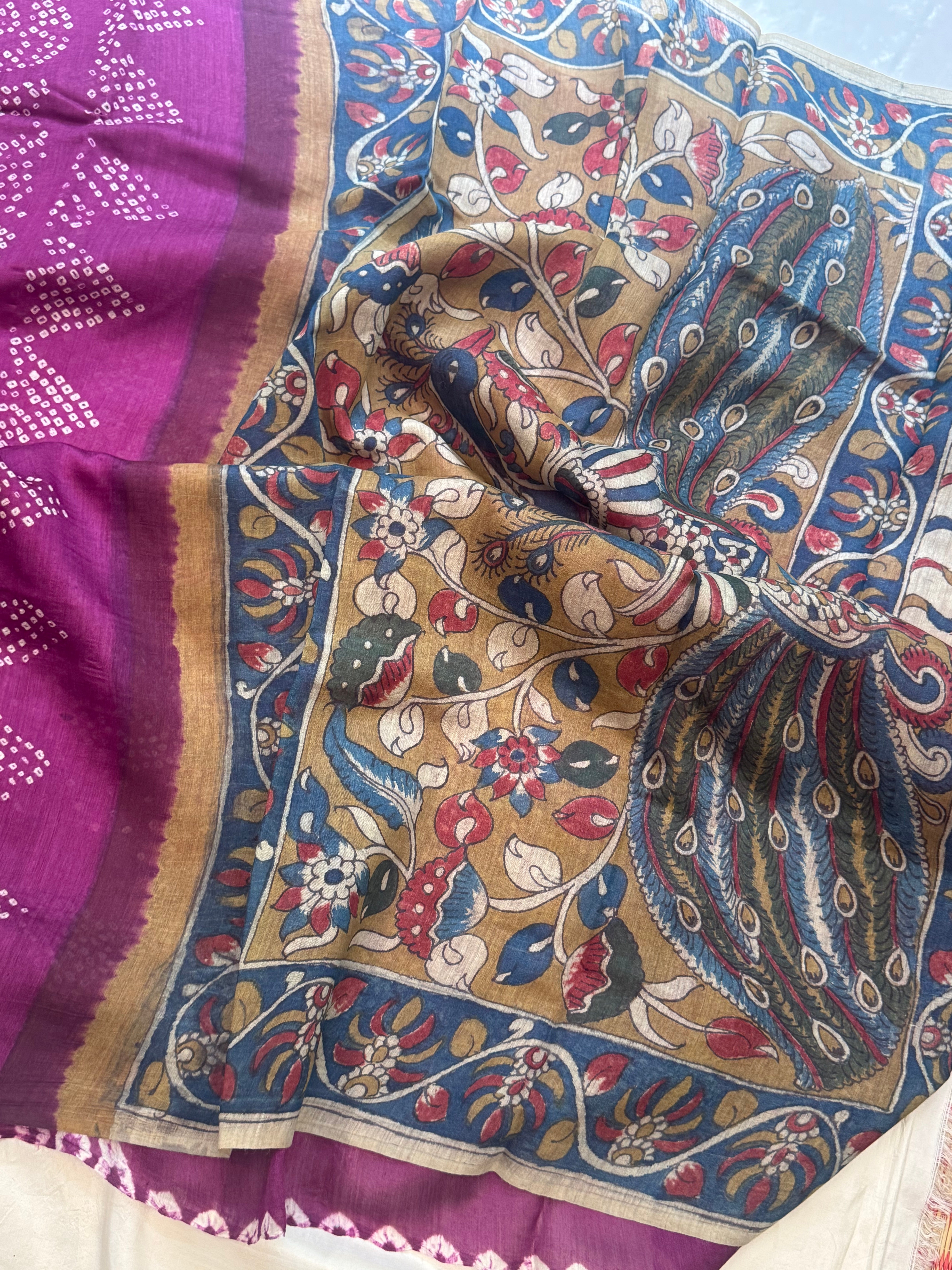 shaded gharchola Tussar Kalamkari Palla was / Bandhini saree