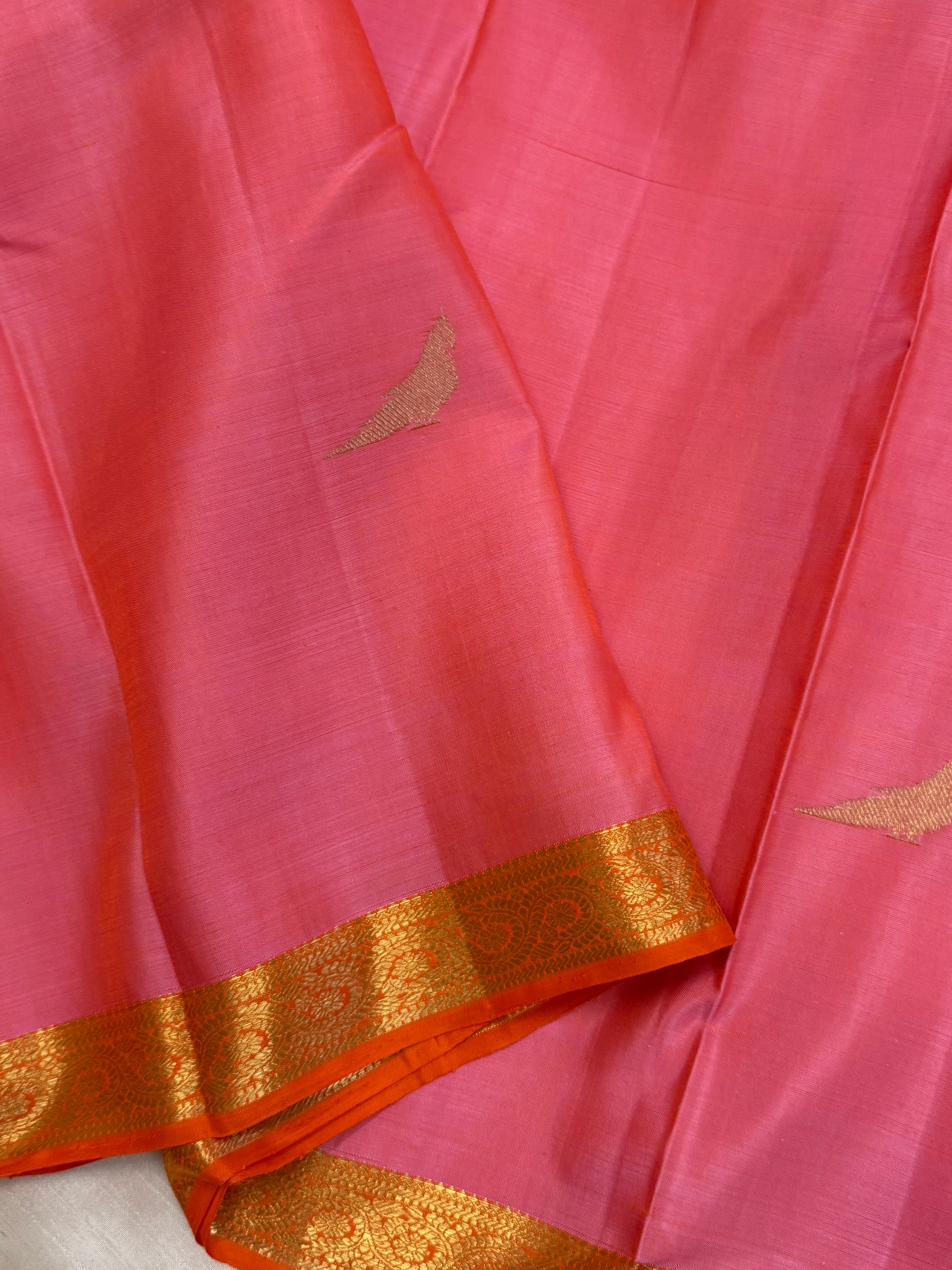 Peachish pink killi butta small border/ Kanjipuram silk