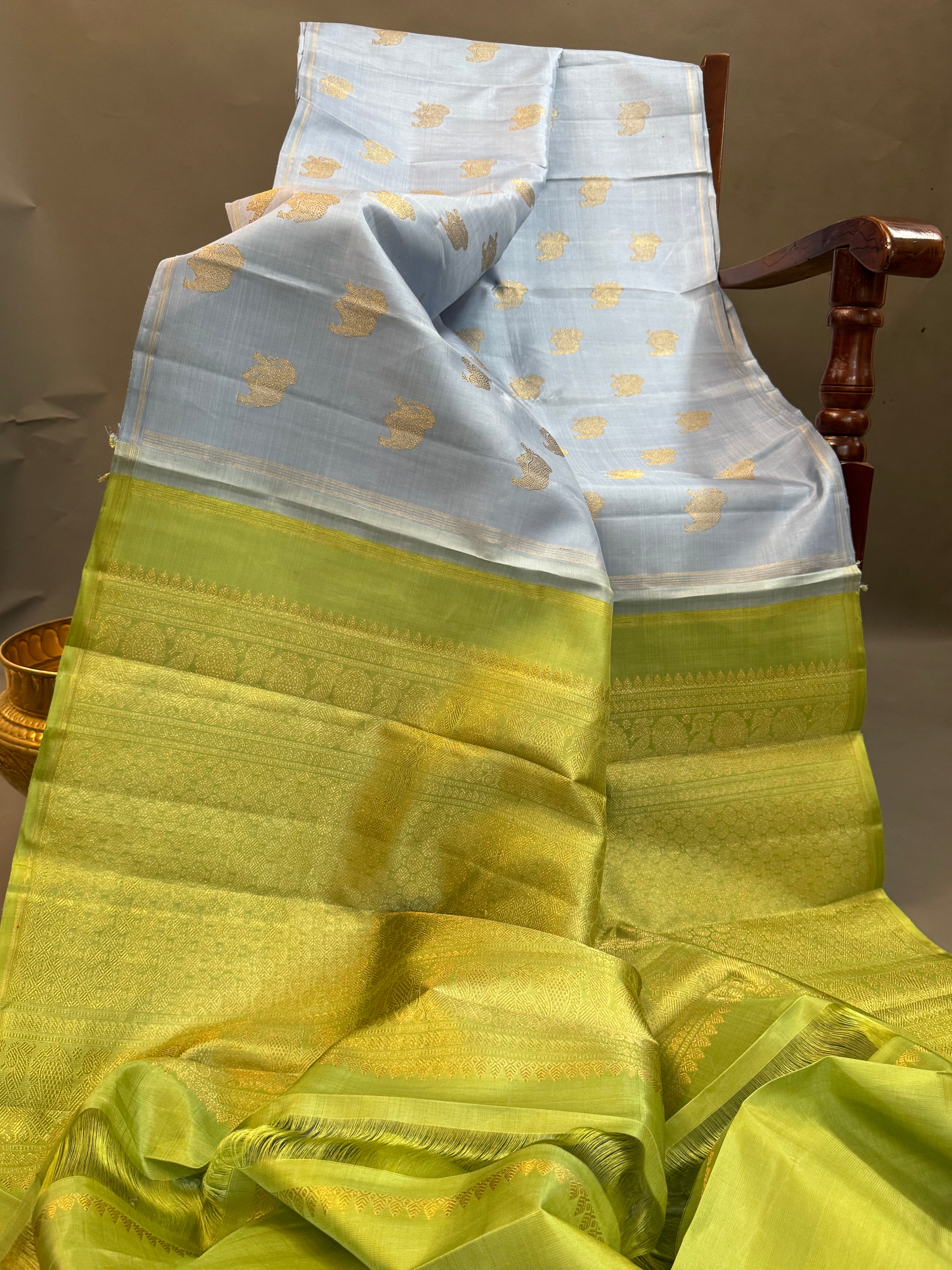 Powder blue elephant Butta Borderless kanjipuram silk saree