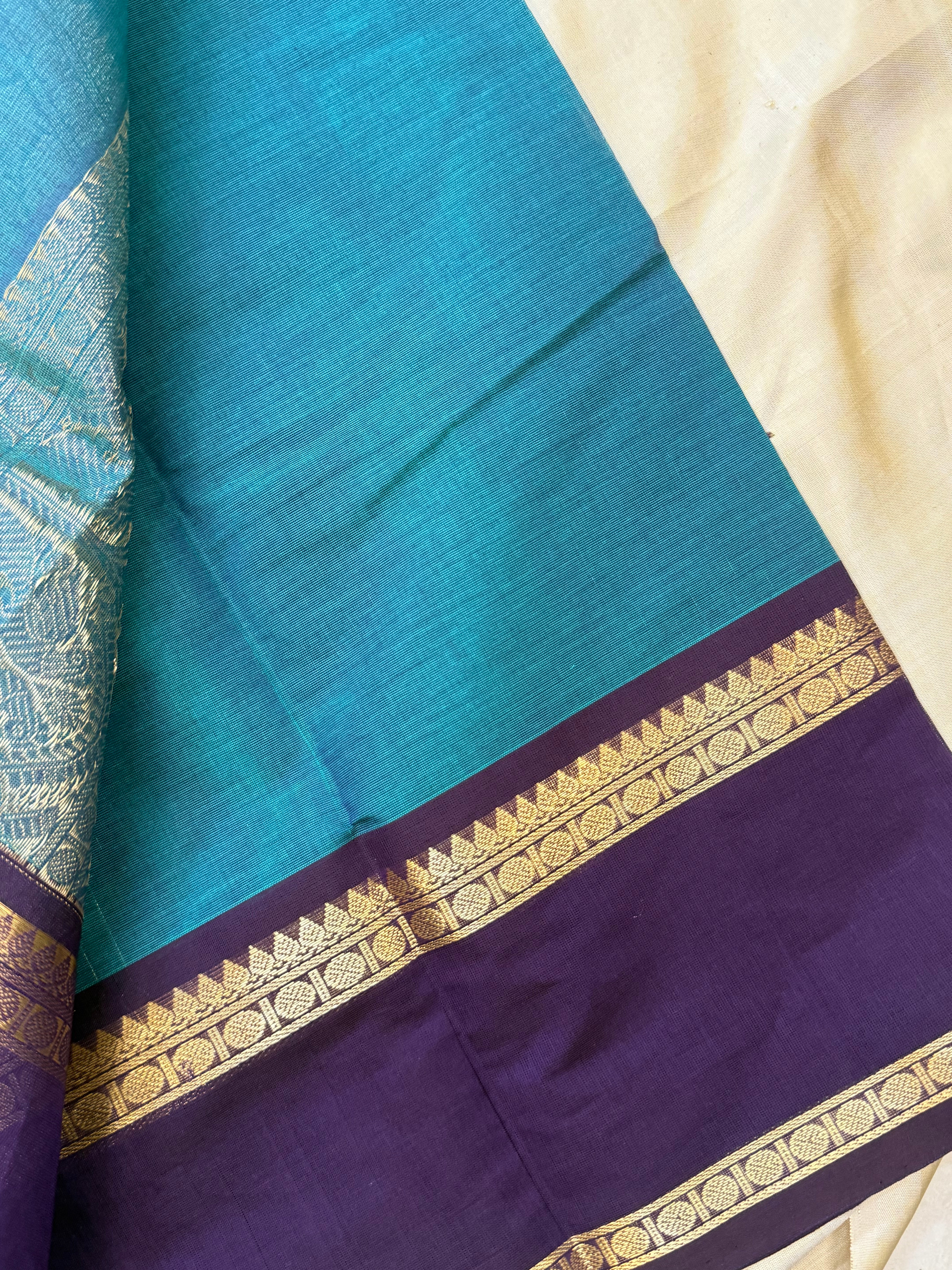 Rama green and dark purple rettapet border/ Kanchi Cotton