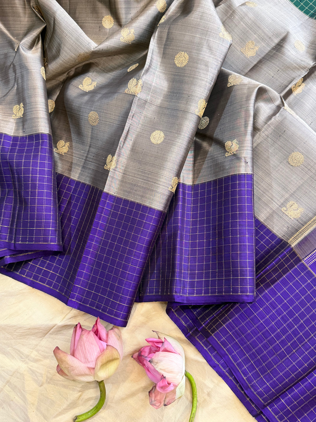 Grey Ganga Jamuna Kattam simple pure Zari Kanjipuram clsa12697