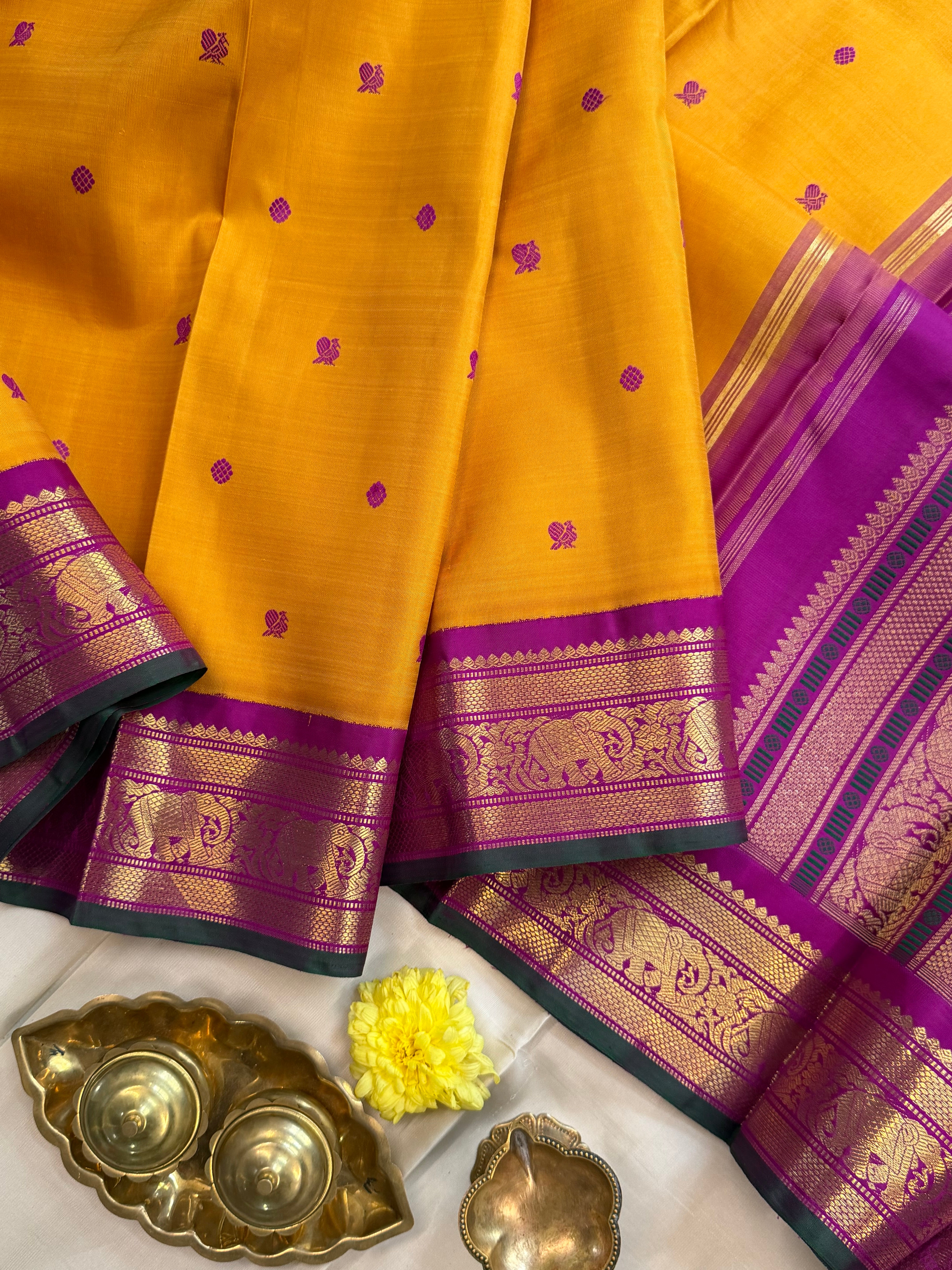 Korvai Varamahalakshmi edit : mustard yellow colour varisapet Korvai Kanjipuram silk saree