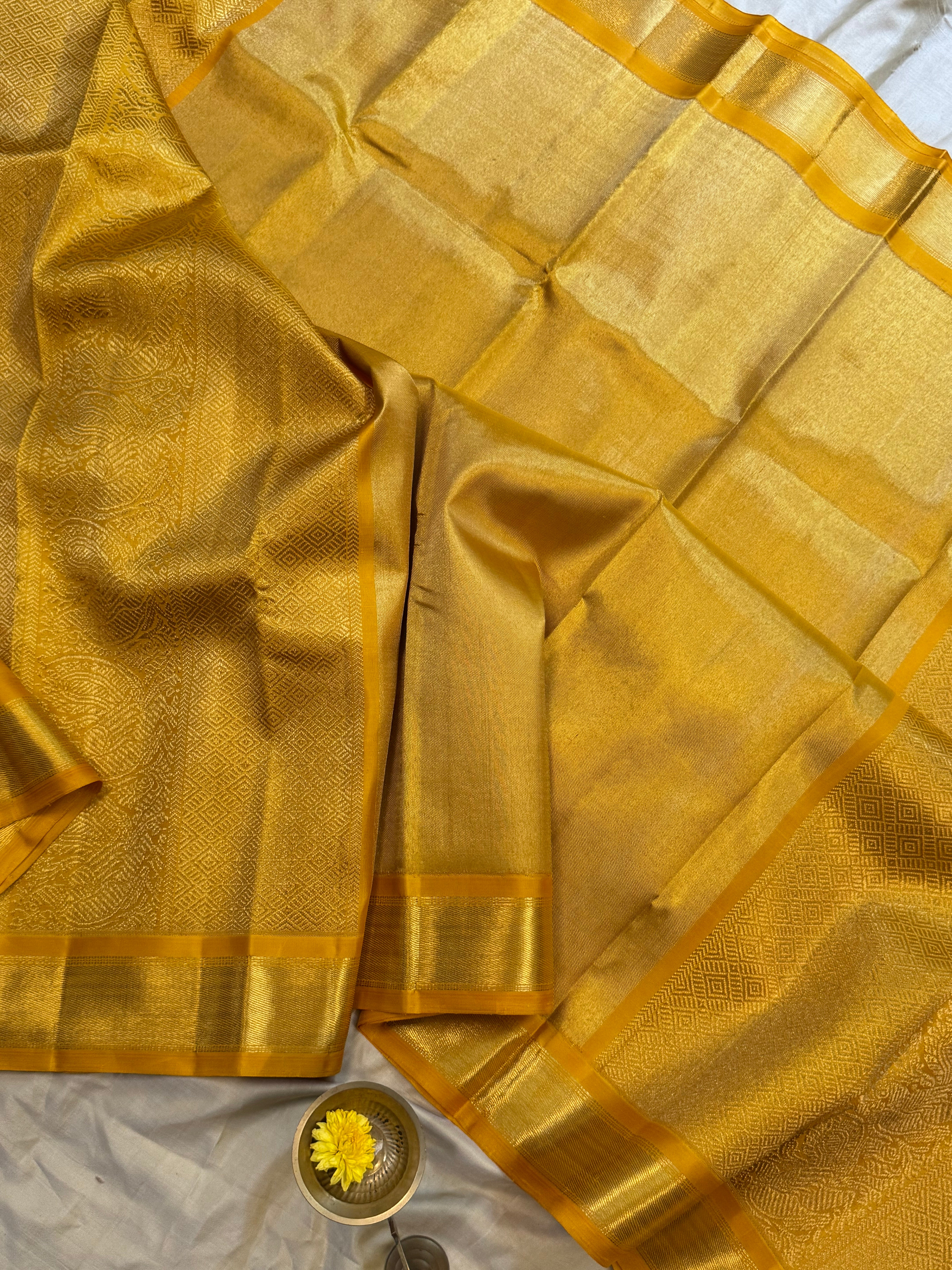 Golden mustard yellow berhampuri style long Palla kanjipuram silk.