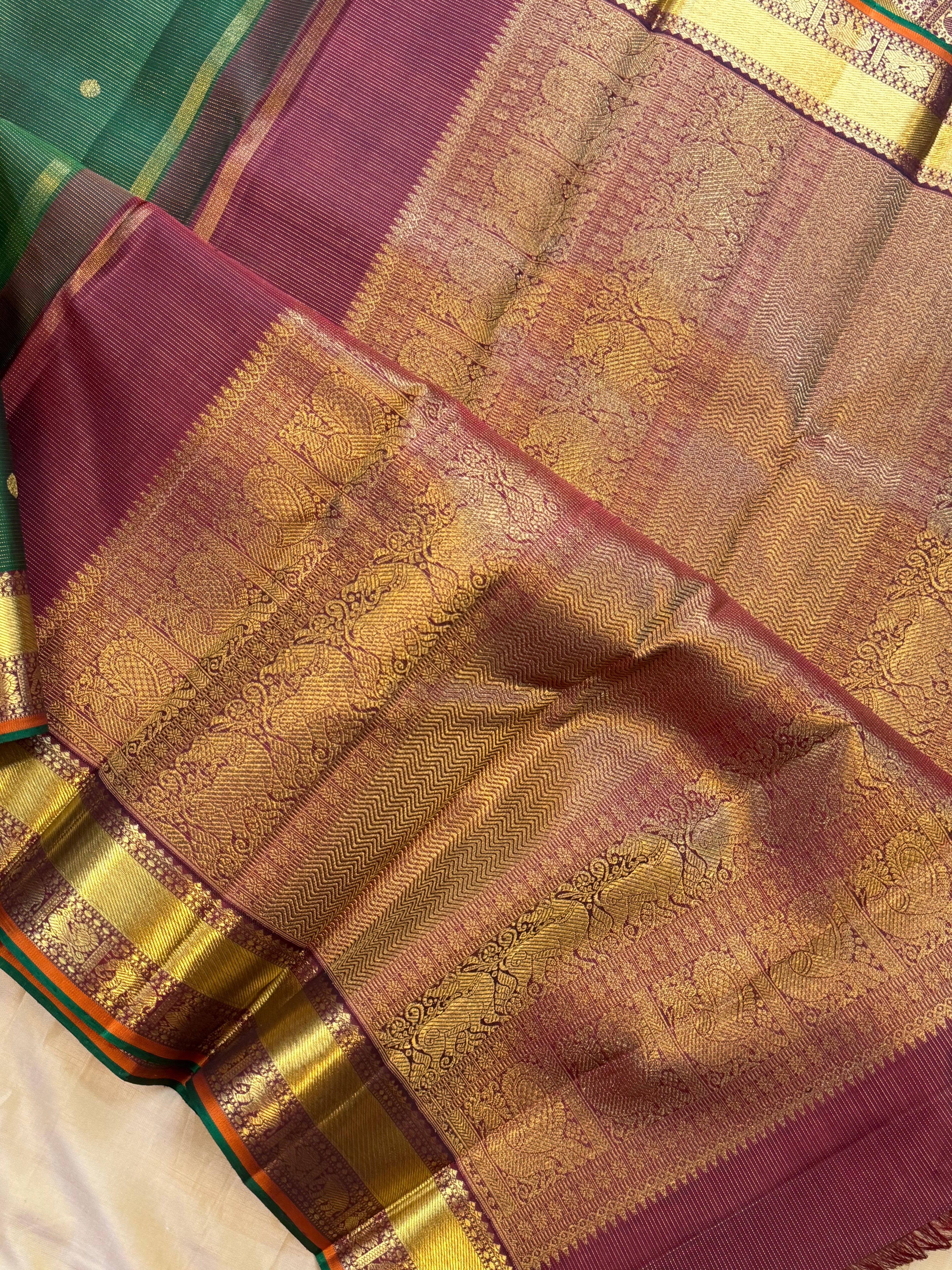 Dark green Vairaoosi / pure Zari Kanjipuram silk