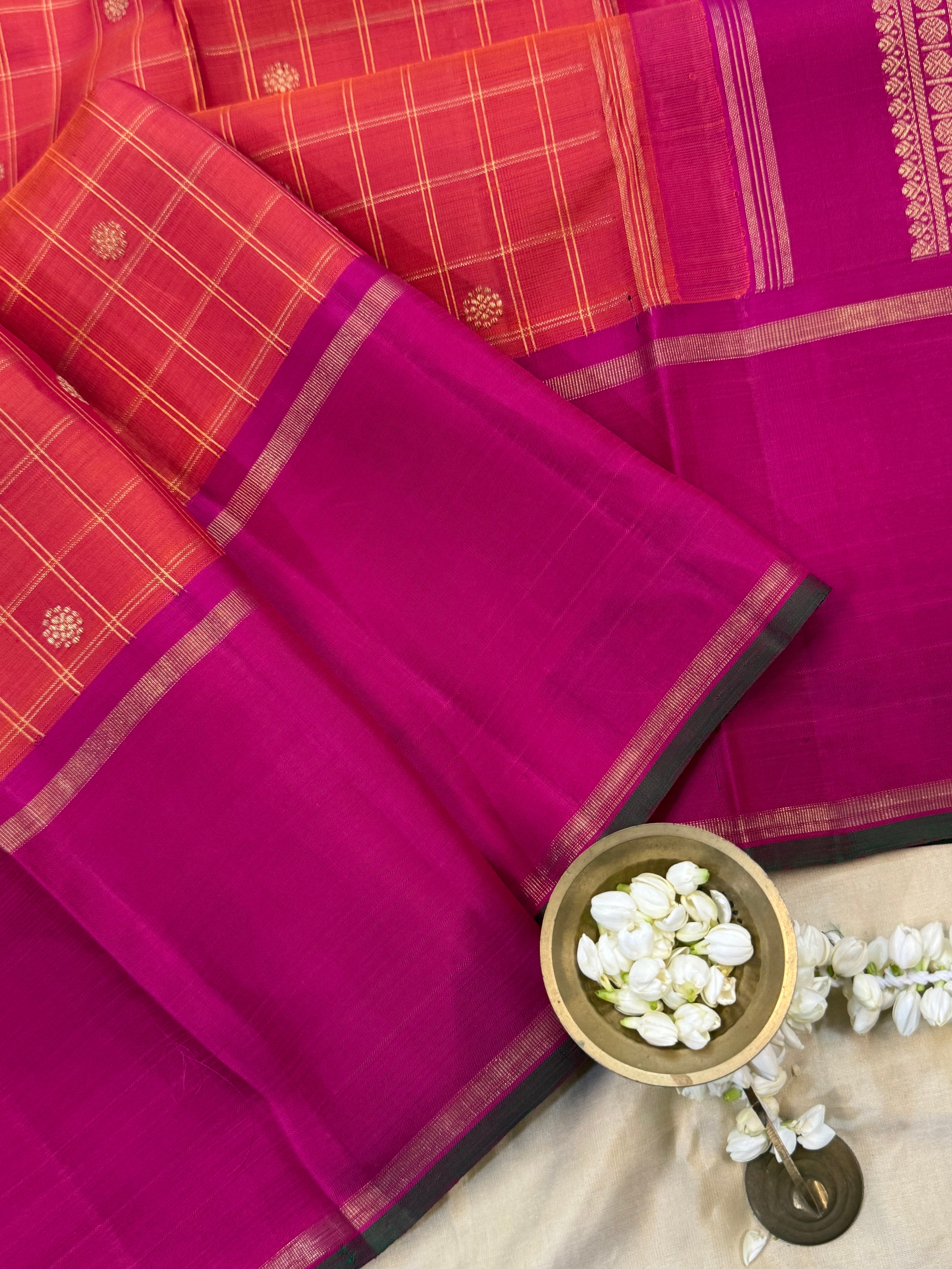 Orange kattam butta and pink / Kanjipuram silk
