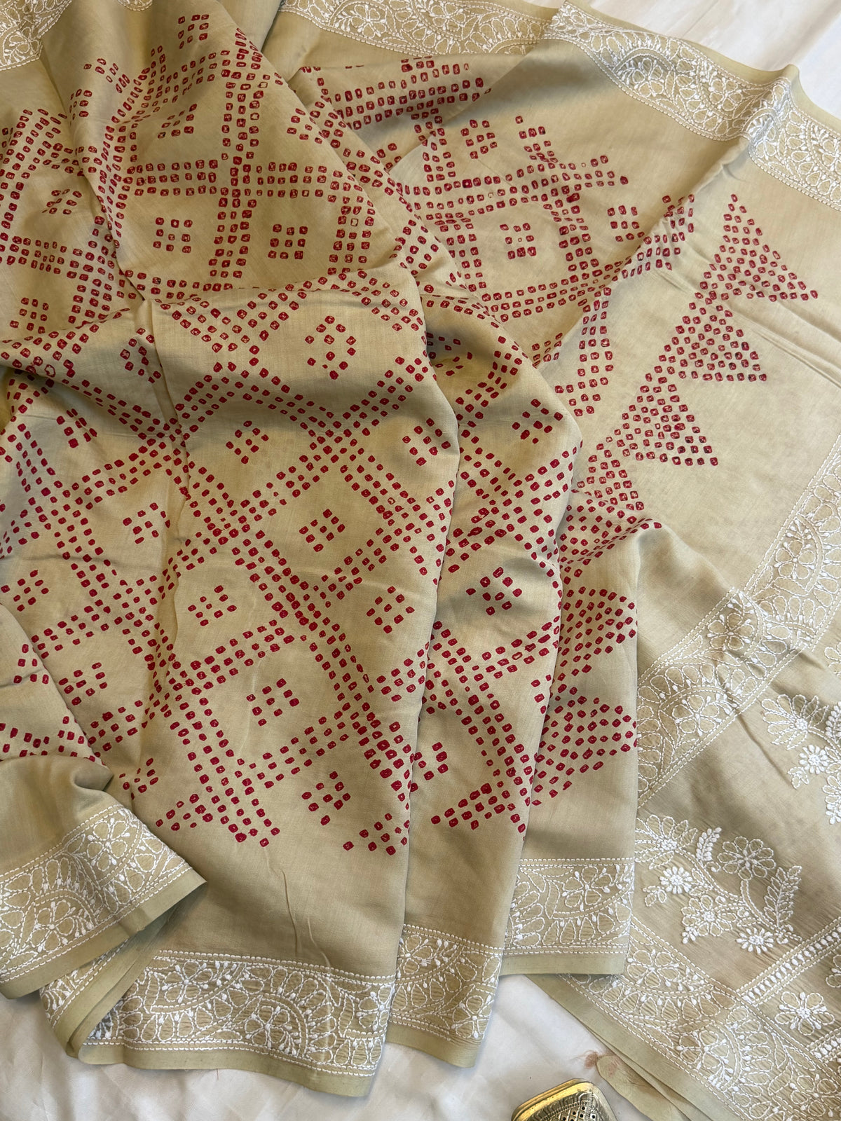 Tussar Bandhini with Chikankari work in silk