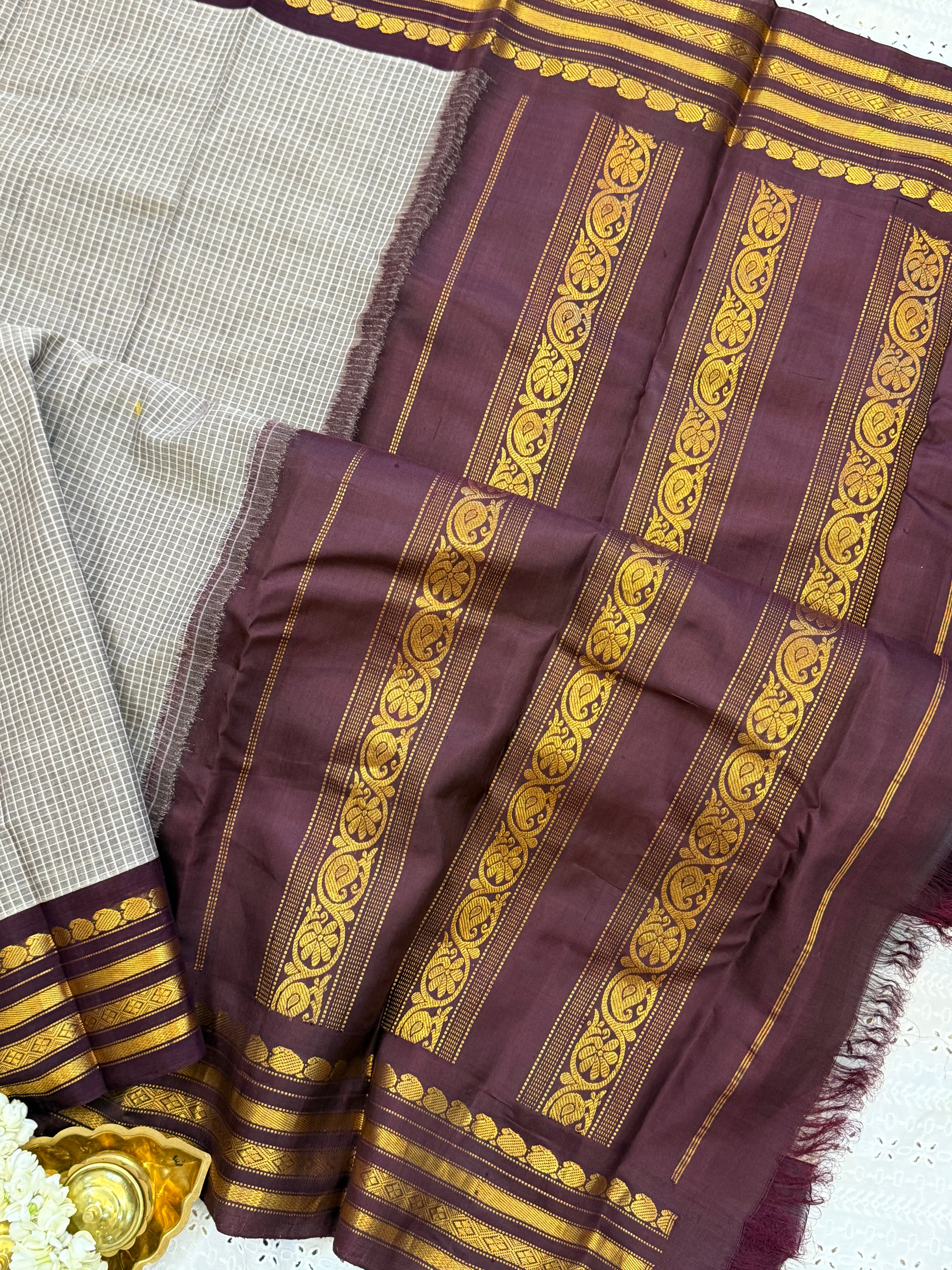 Grey and brown / Gadwal cotton No Blouse CLSA7303