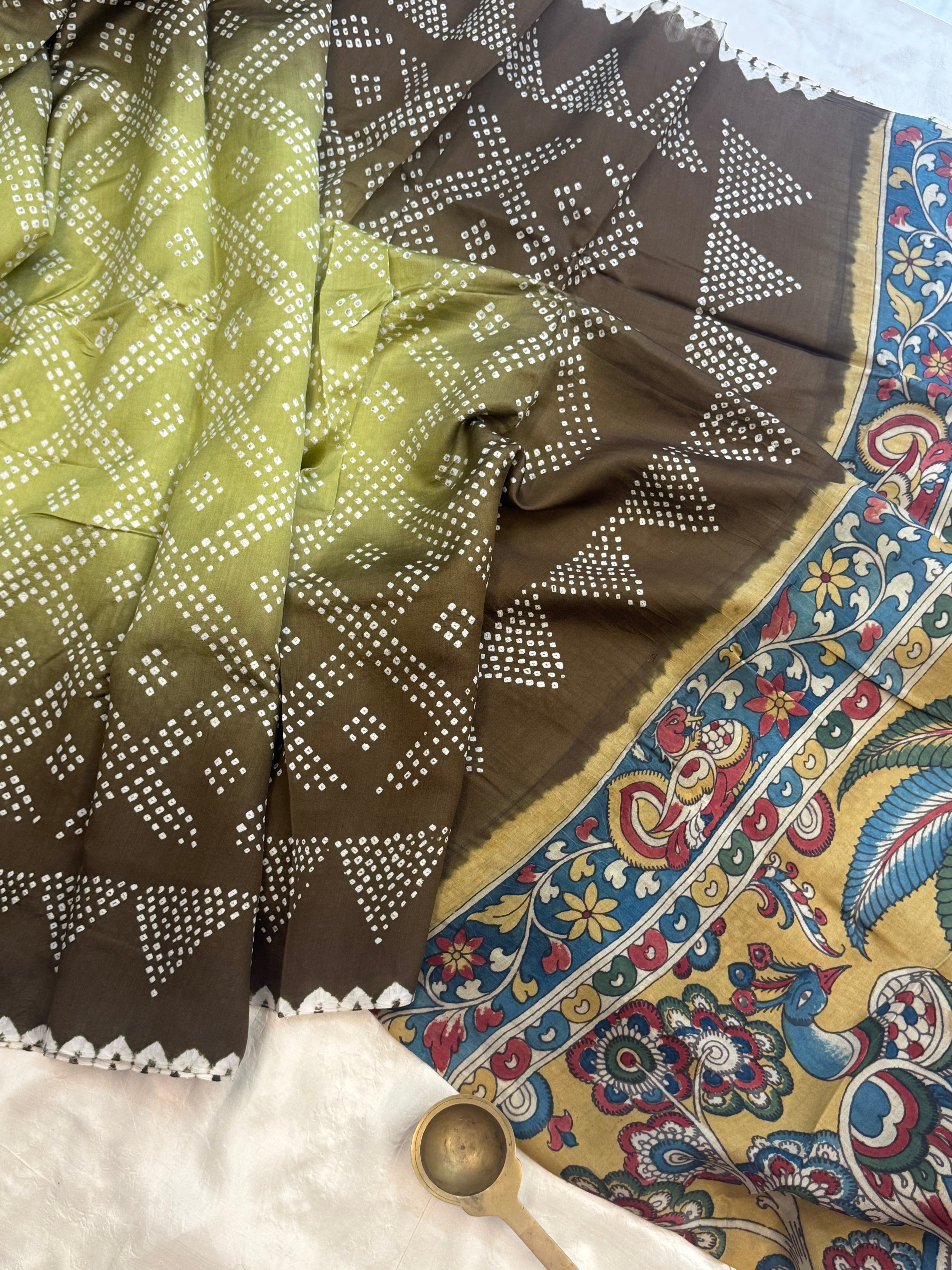 shaded gharchola Tussar Kalamkari Palla was / Bandhini saree